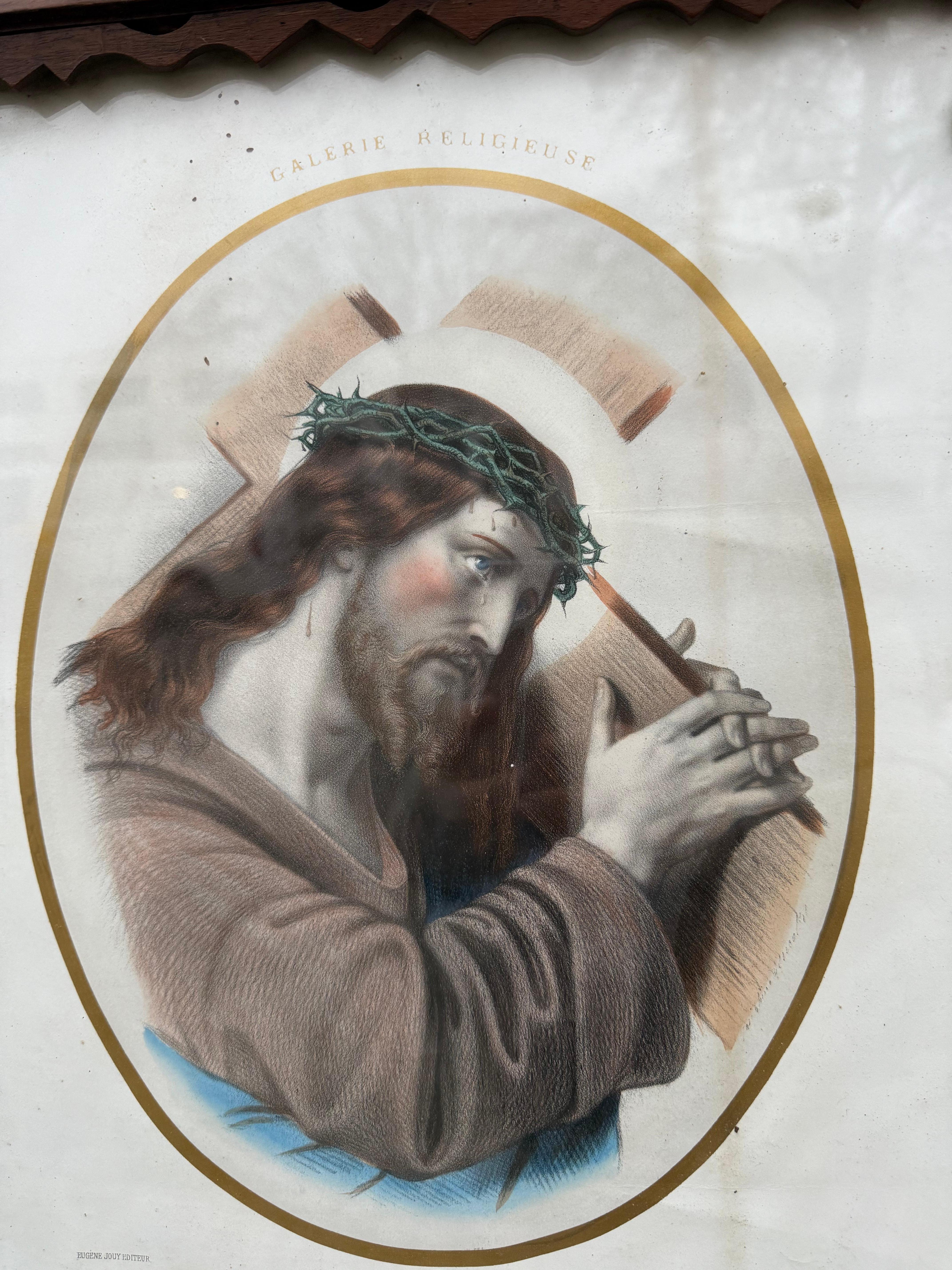 Glass Rarest Arts & Crafts Crafted Picture Frame with Litho, Christ Carrying His Cross For Sale