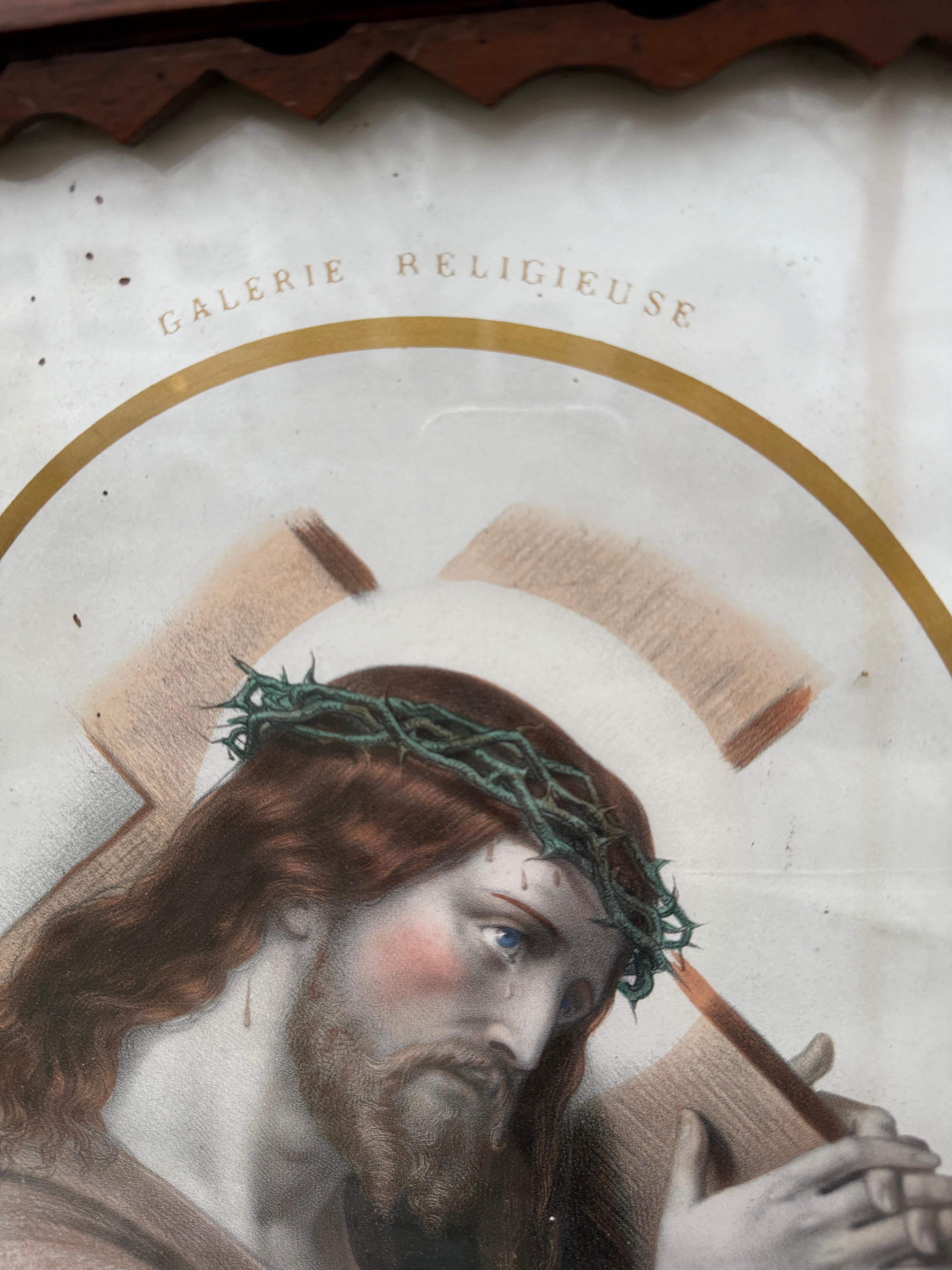 Rarest Arts & Crafts Crafted Picture Frame with Litho, Christ Carrying His Cross For Sale 1
