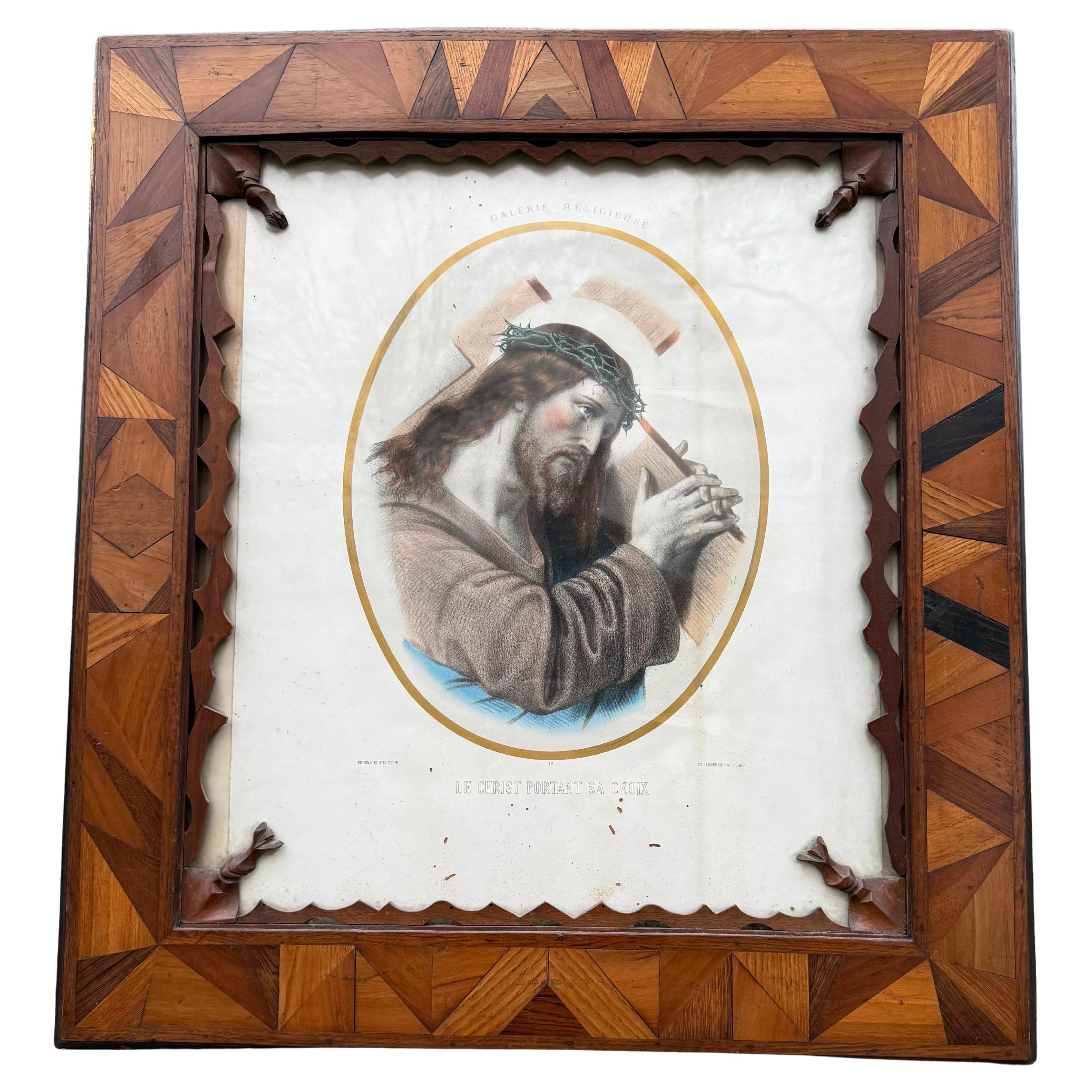 Rarest Arts & Crafts Crafted Picture Frame with Litho, Christ Carrying His Cross