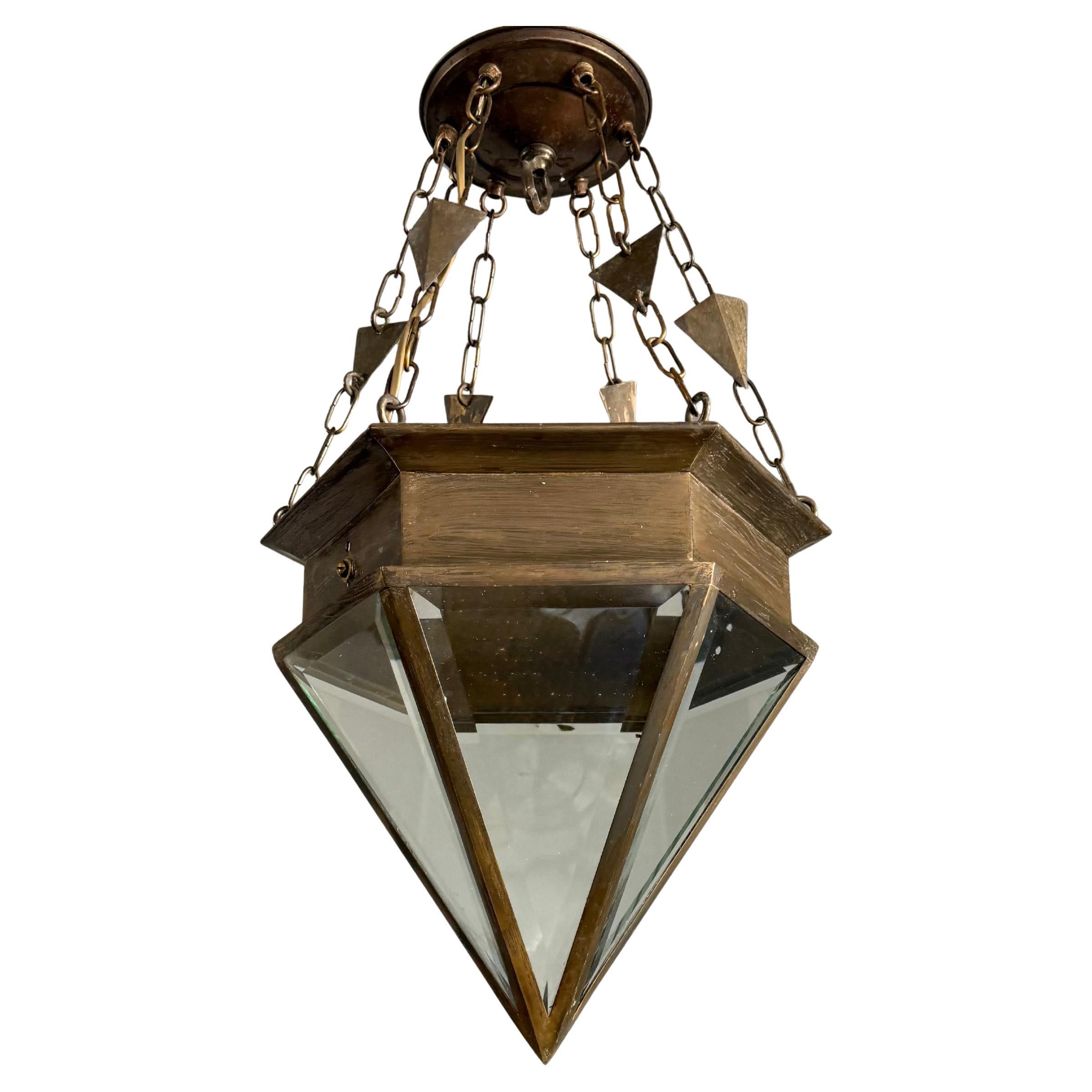 Rarest Arts & Crafts Beveled Glass & Brass Pendant Light Lantern w. Unique Chain