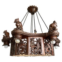 Rarest Carved Oak Art Deco Chandelier Pendant w. Six Woodpecker Bird Sculptures