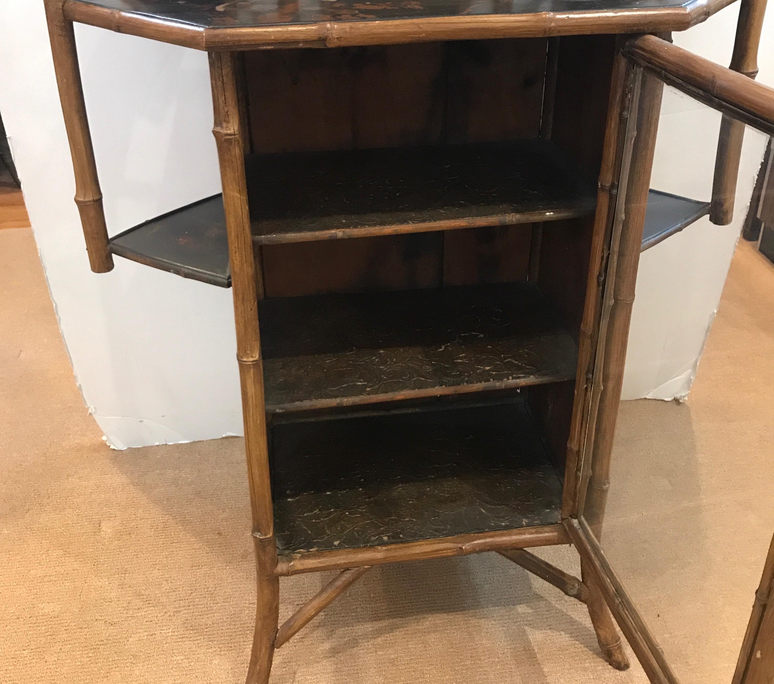 Rarest Form French Bamboo and Lacquer Corner Cabinet In Good Condition In Lambertville, NJ