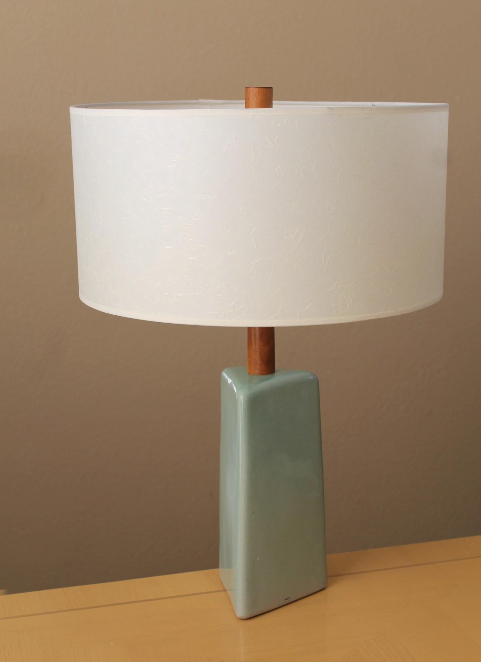 American Rarest Martz Pottery Lamp! Sea Foam Green! MCM Triangle Mid Century Modern 1950s