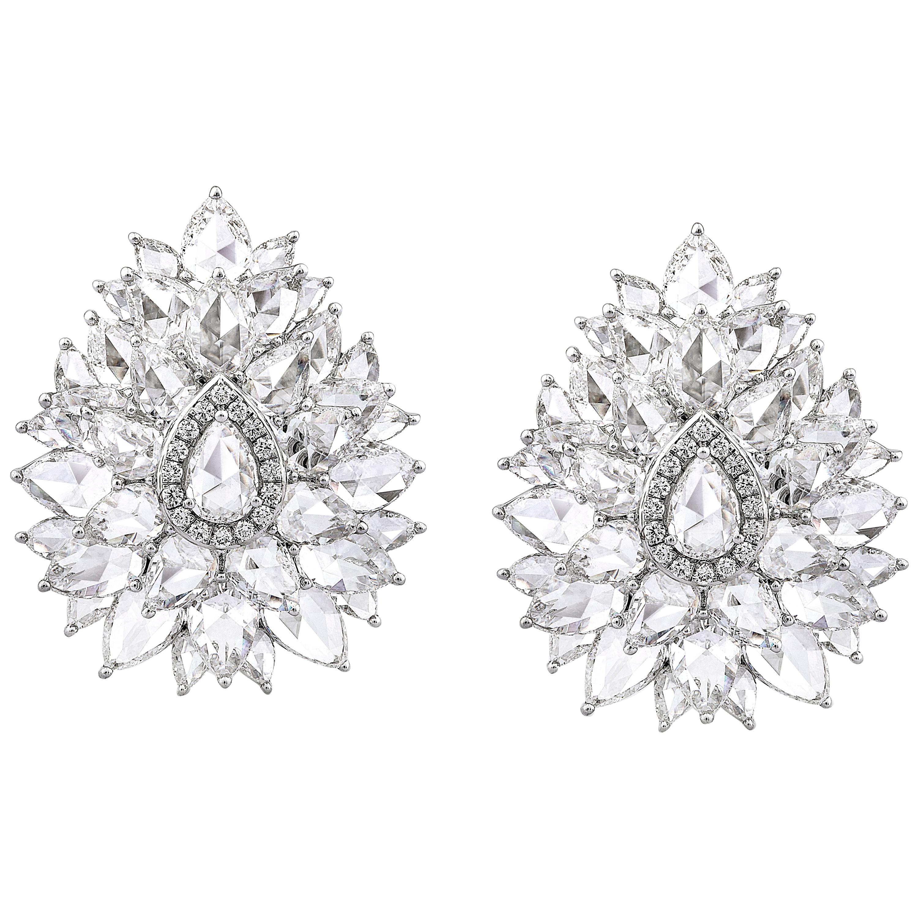 Rarever 14.28 Carat 18 Karat White Gold Rose Cut Diamond Cluster Stud Earrings