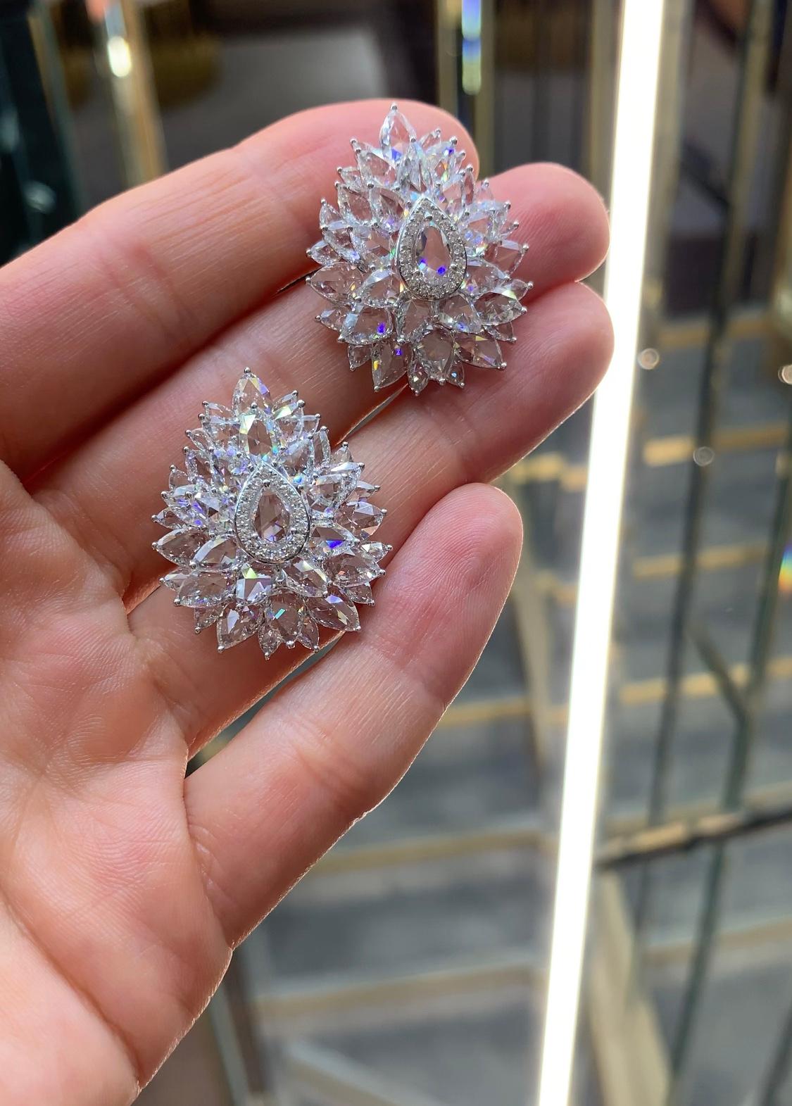 Rarever 14.28 Carat 18 Karat White Gold Rose Cut Diamond Cluster Stud Earrings In New Condition For Sale In London, GB
