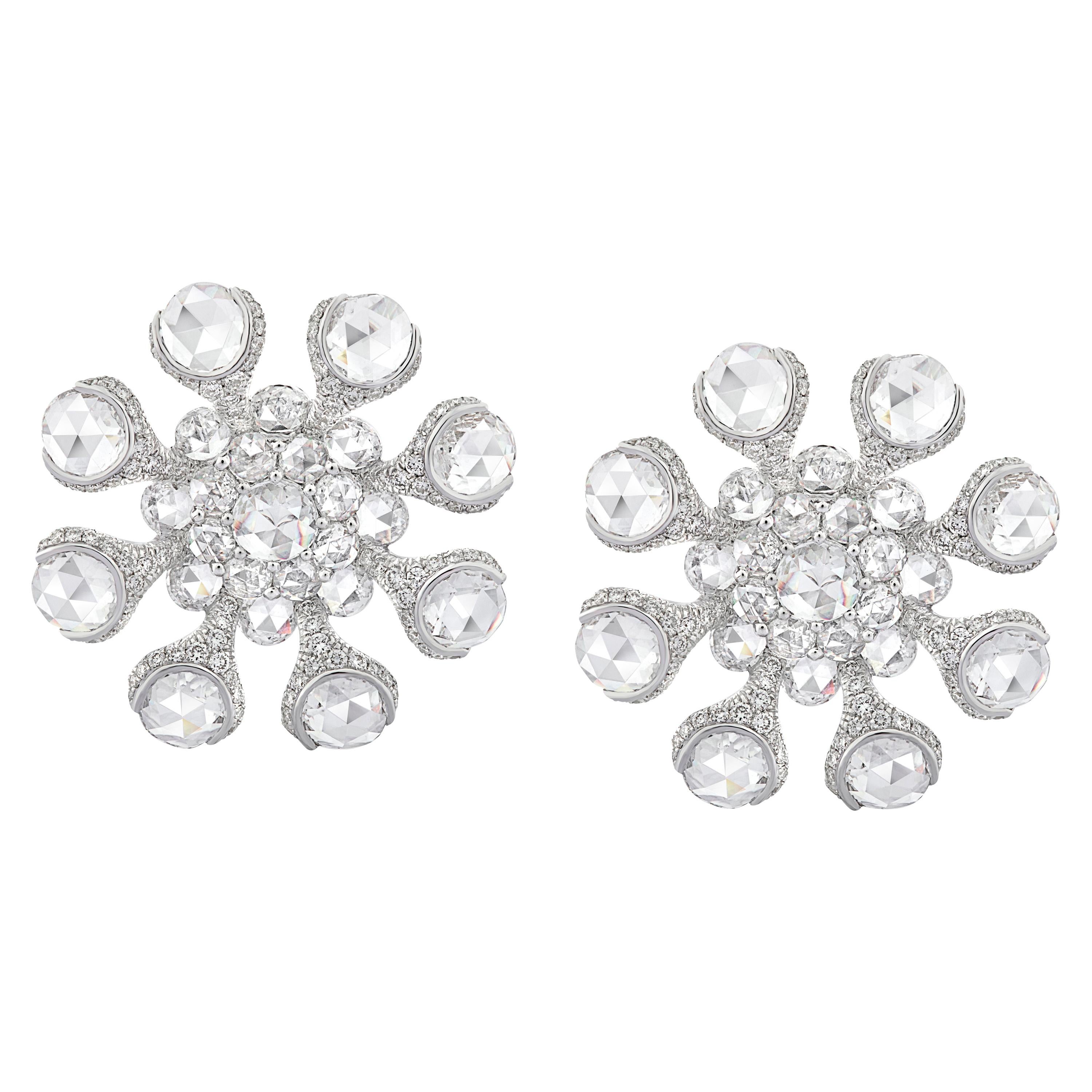 Rarever 18 Karat White Gold 8.78 Carat Rose Cut Diamond Flower Stud Earrings