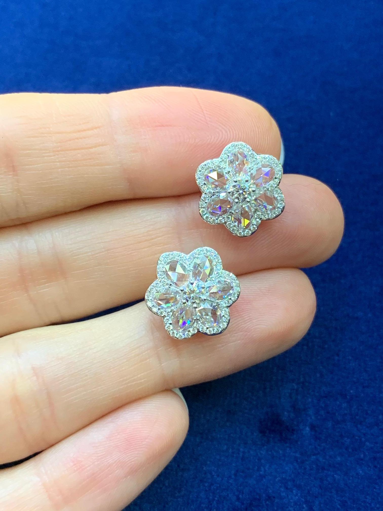 Women's 18 Karat 2.97 Carat Rose Cut Diamond Blossom Floral Ear Studs For Sale