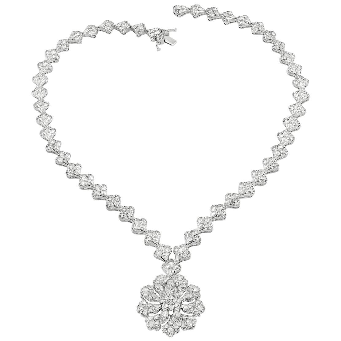 18 Karat White Gold 18.86ct Rose Cut Diamond Contemporary Statement Necklace For Sale