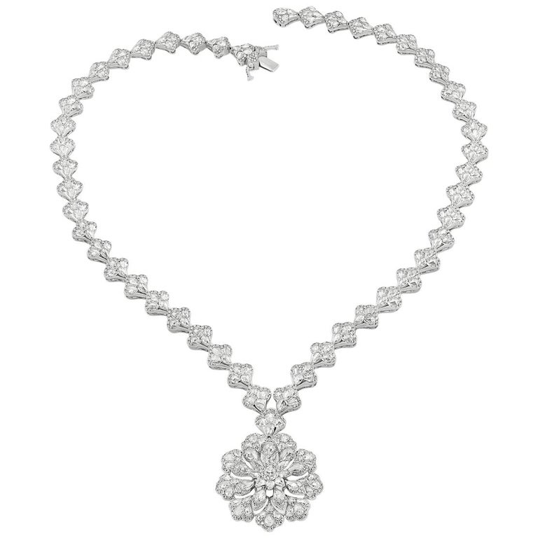 18 Karat White Gold 18.86ct Rose Cut Diamond Contemporary Statement Necklace For Sale