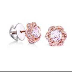 18K Rose Gold Pave Border  0.75ct Each Hexagon Diamond Flower Earrings Studs