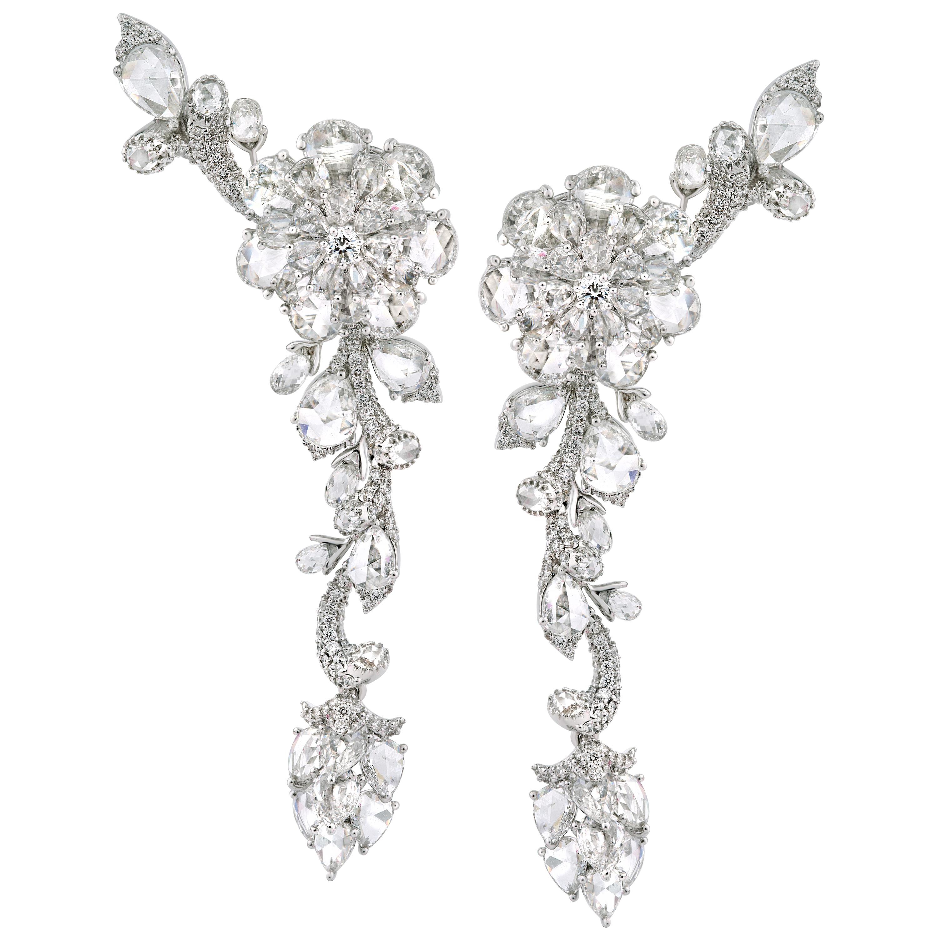 18 Karat White Gold 13.4ct Rose Diamond Chandelier Drop Statement Earrings