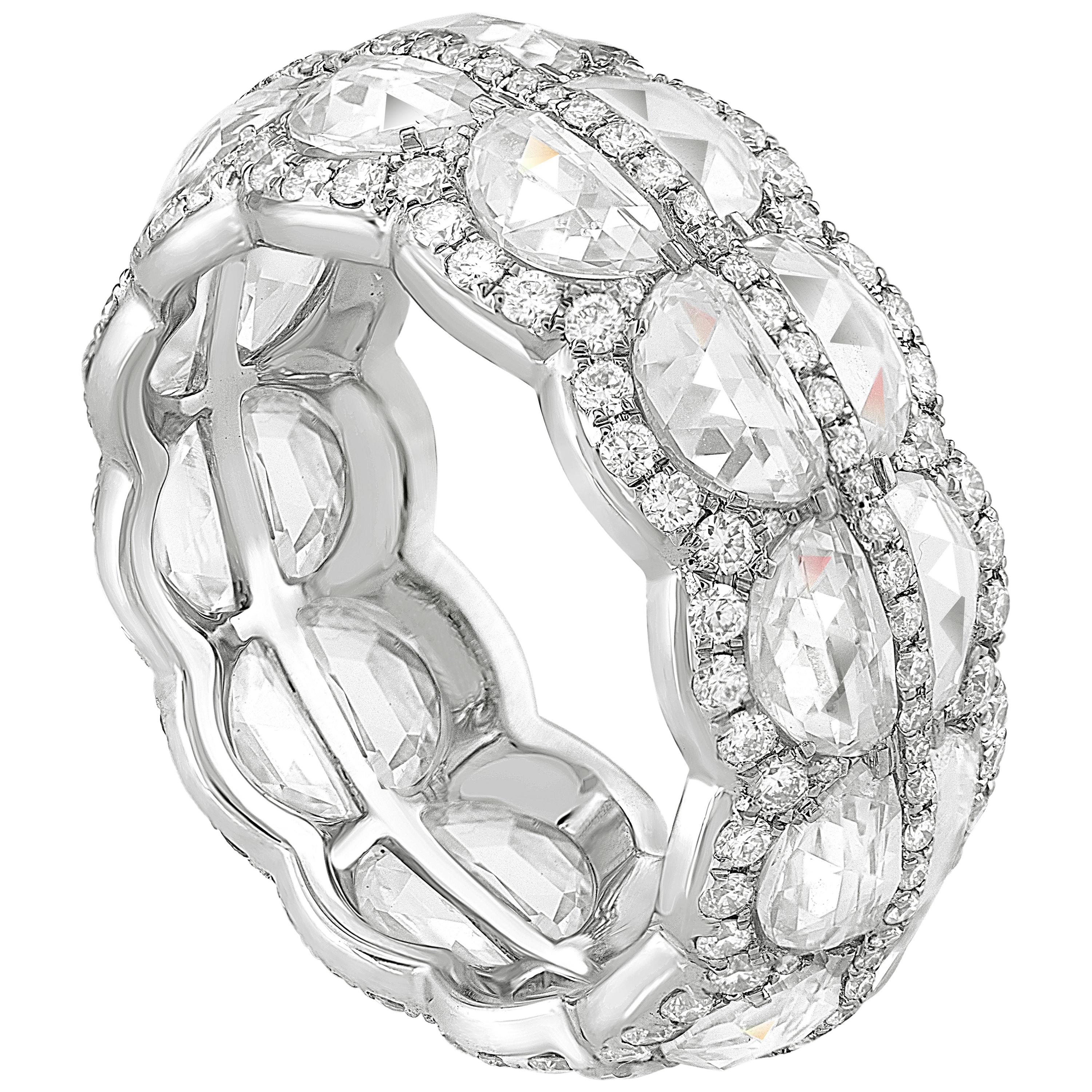 18 Karat White Gold 5.75ct Half Moon Cut Diamond Eternity Ring For Sale