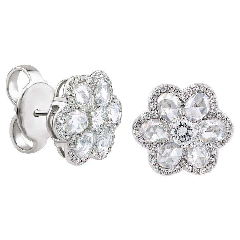 Women's Rarever 18K White Gold Rose Cut Diamond Blossom Flower 10.11cts Earrings For Sale