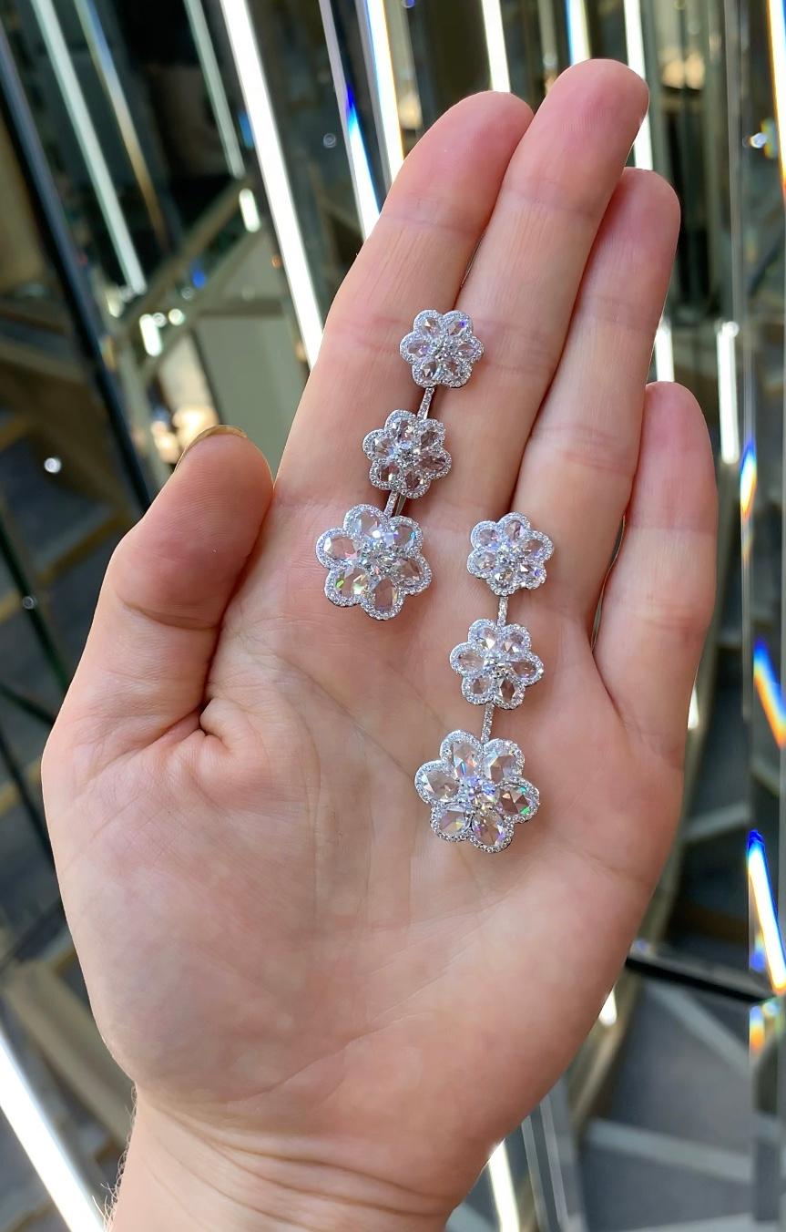 Contemporary Rarever 18K White Gold Rose Cut Diamond Blossom Flower 10.11cts Earrings For Sale