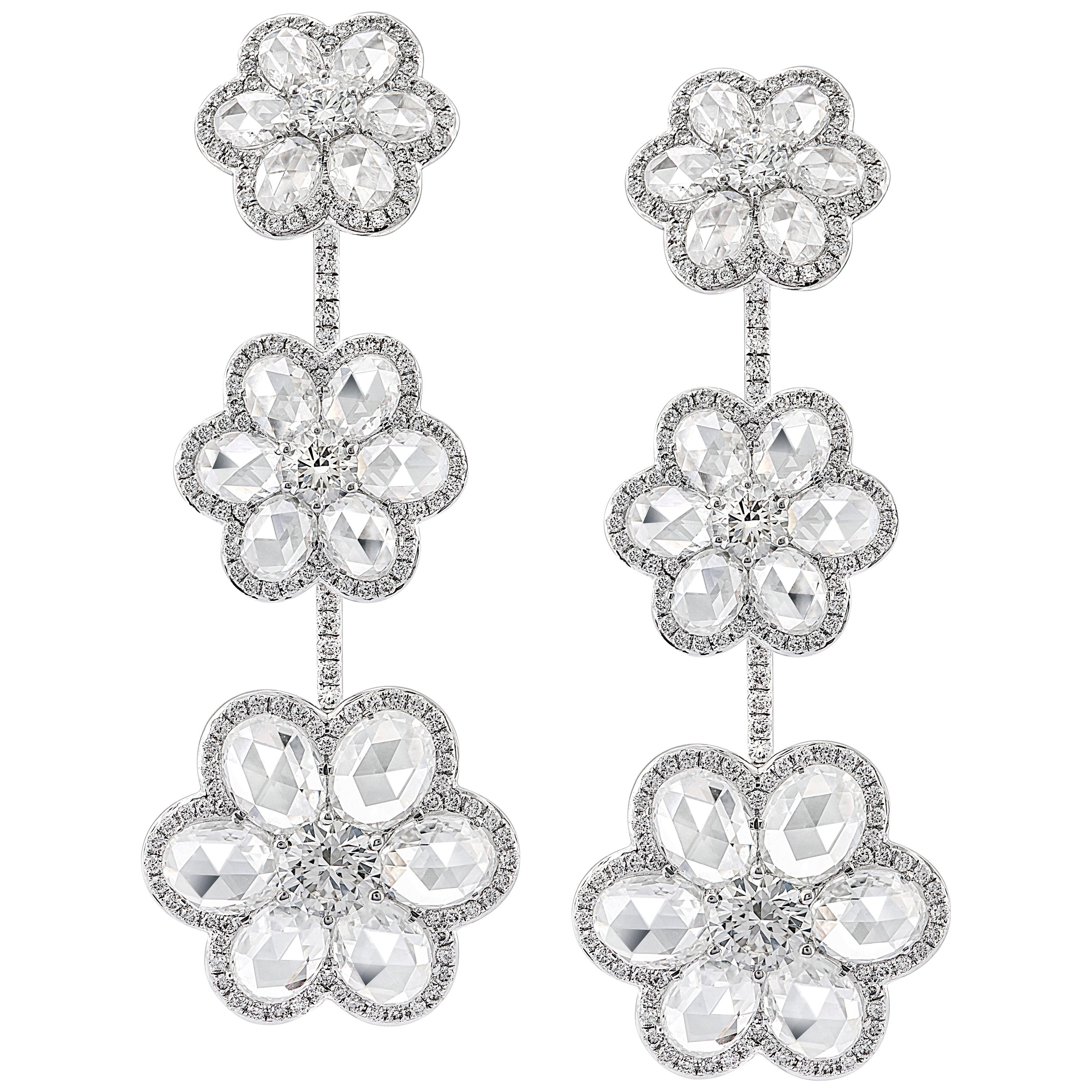 Rarever 18K White Gold Rose Cut Diamond Blossom Flower 10.11cts Earrings