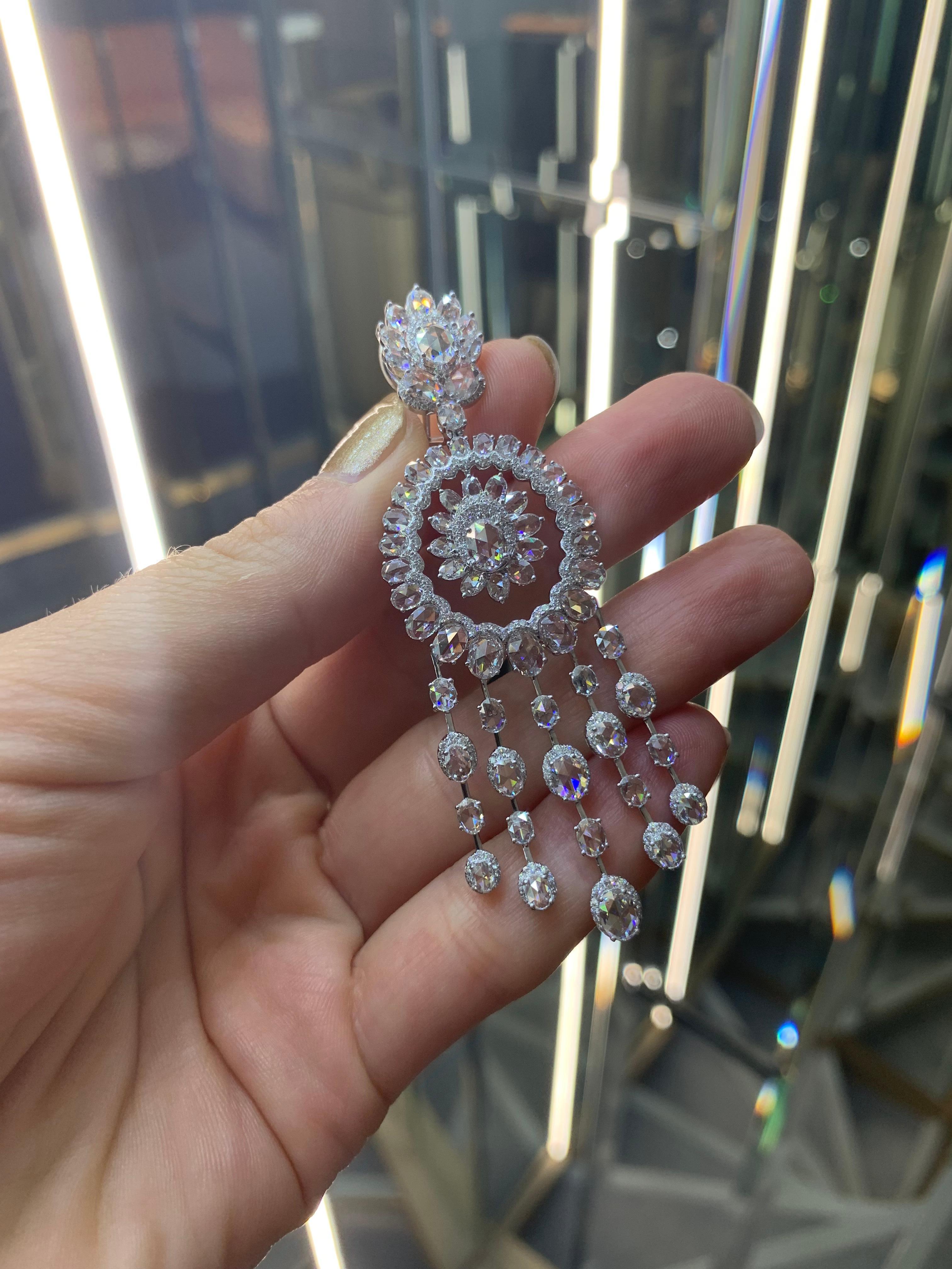 Rarever 18K White Gold Rose Cut Diamond Chandelier 14.25cts Earrings For Sale 1