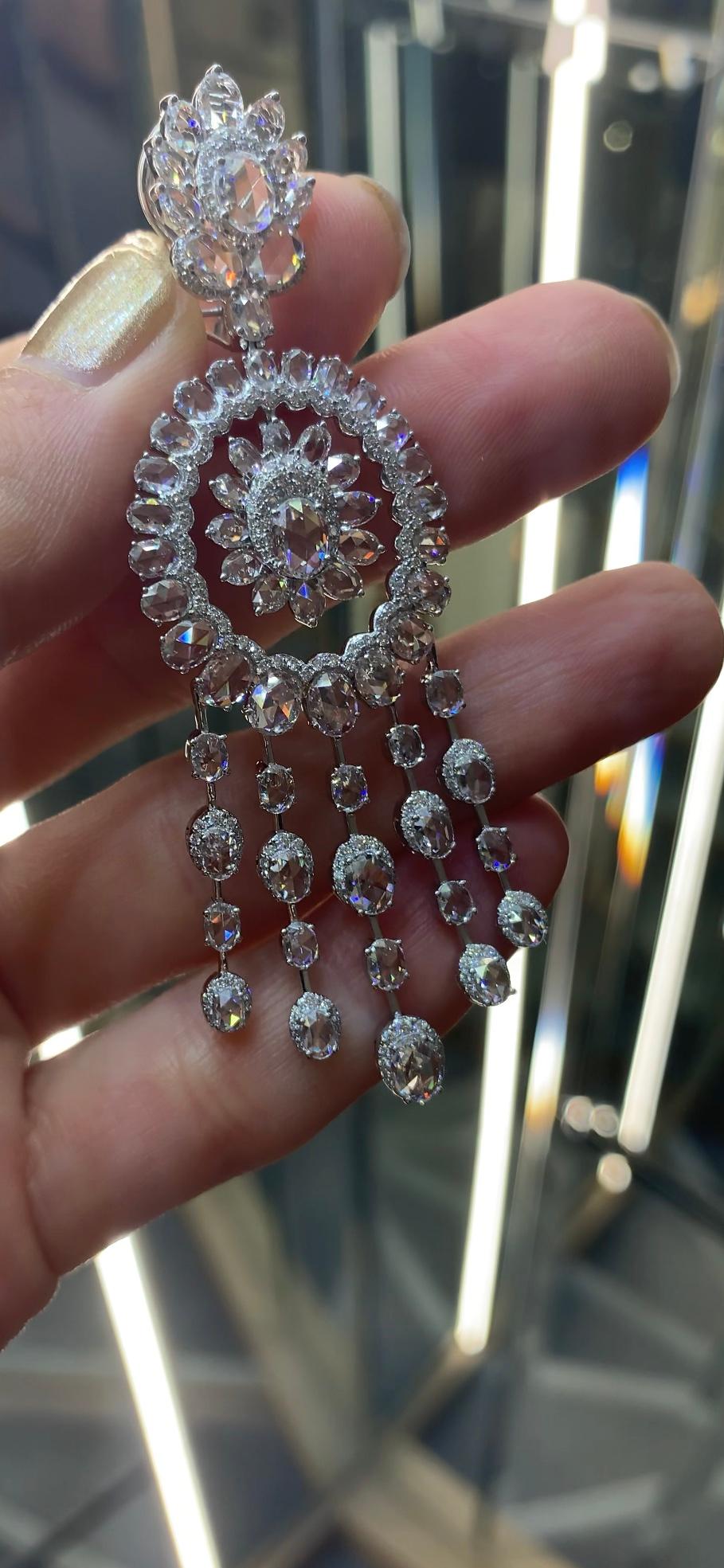 Rarever 18K White Gold Rose Cut Diamond Chandelier 14.25cts Earrings For Sale 2