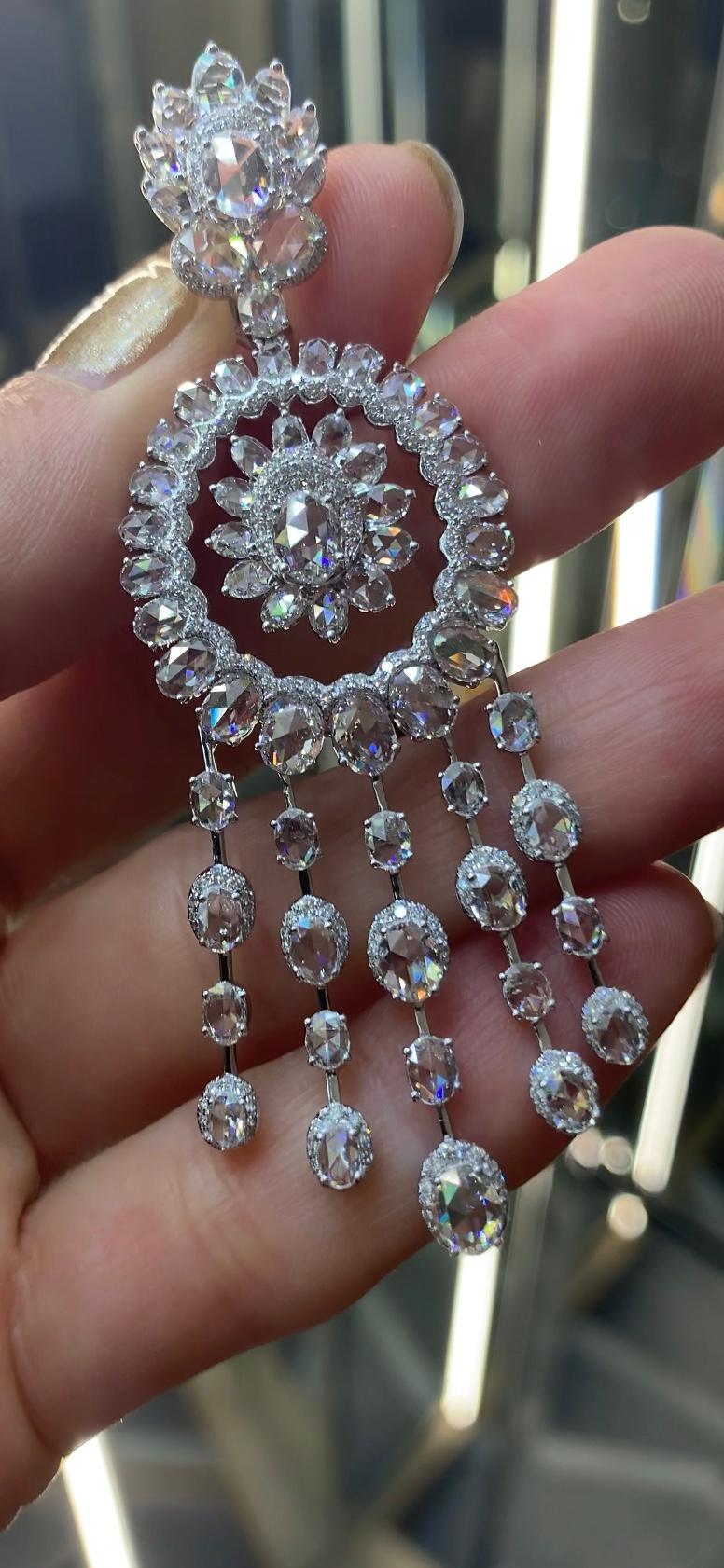 Rarever 18K White Gold Rose Cut Diamond Chandelier 14.25cts Earrings For Sale 3