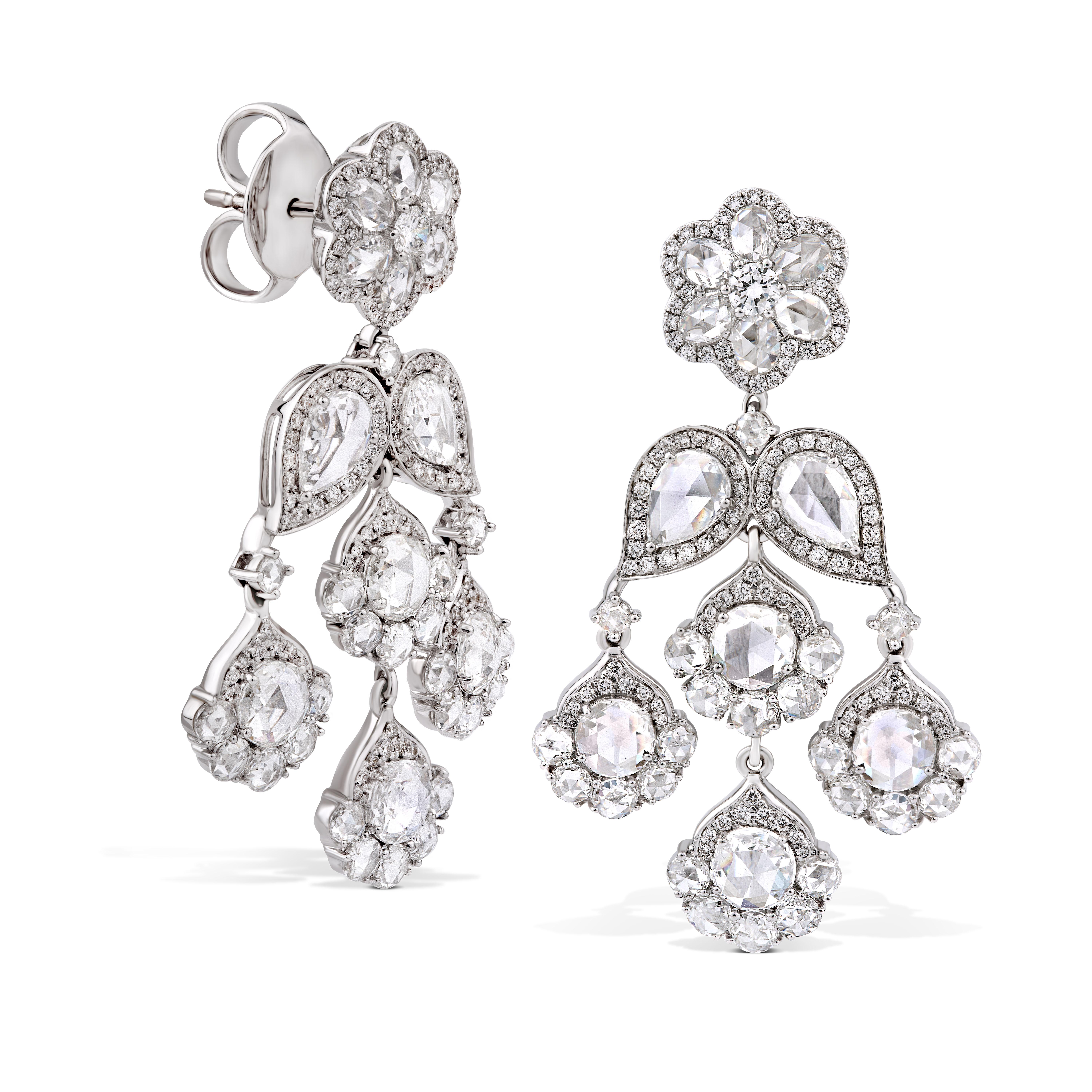 Contemporary 18 Karat White Gold 7.71ct Rose Cut Diamond Chandelier Flower Earrings For Sale