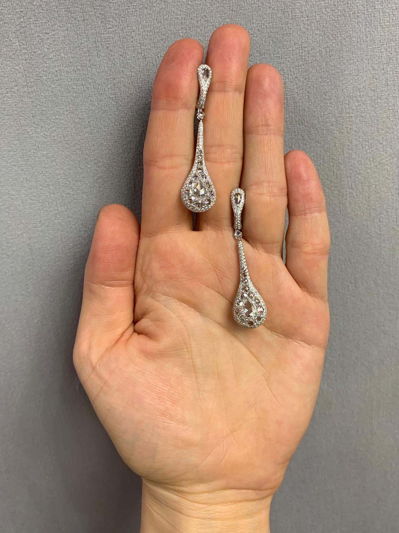 Contemporary Rarever 18K White Gold Rose Cut Diamond Dew Drop Hanging 4.30cts Earrings For Sale