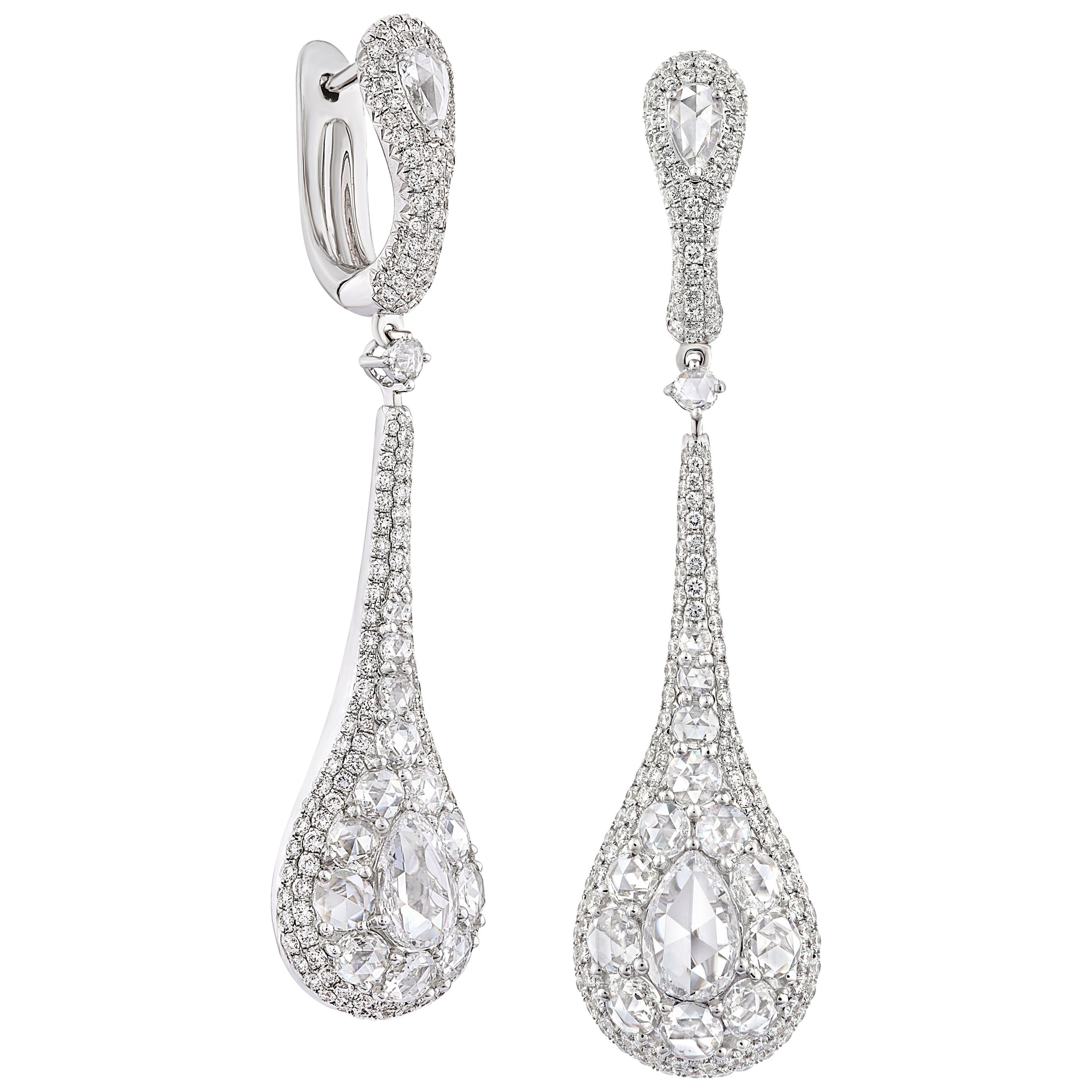 Rarever 18K White Gold Rose Cut Diamond Dew Drop Hanging 4.30cts Earrings For Sale
