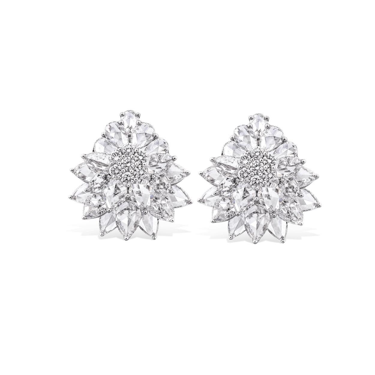 Women's Rarever 18K White Gold Rose Cut Diamond Flower Cluster Stud 8.21cts Earrings For Sale