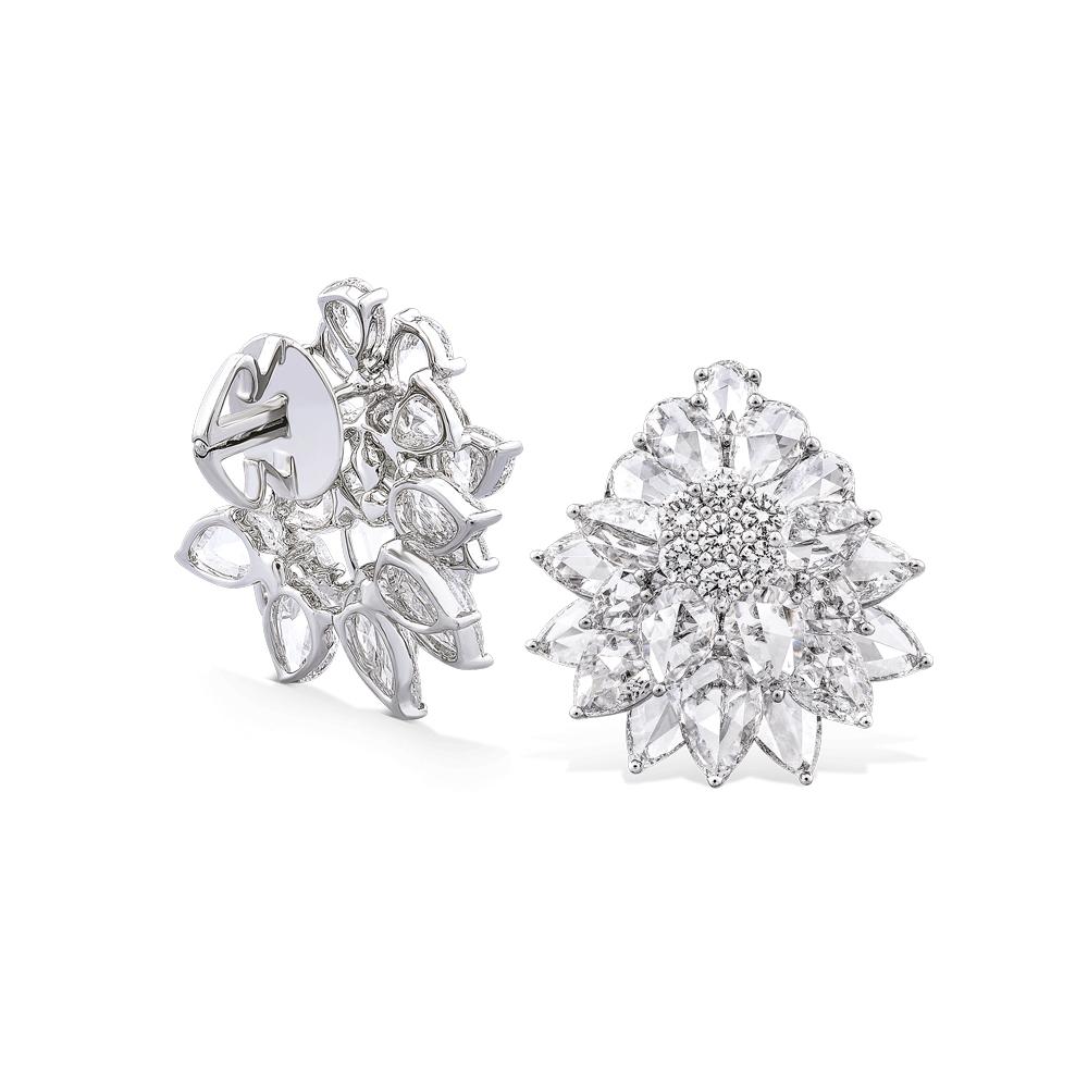 Contemporary Rarever 18K White Gold Rose Cut Diamond Flower Cluster Stud 8.21cts Earrings For Sale
