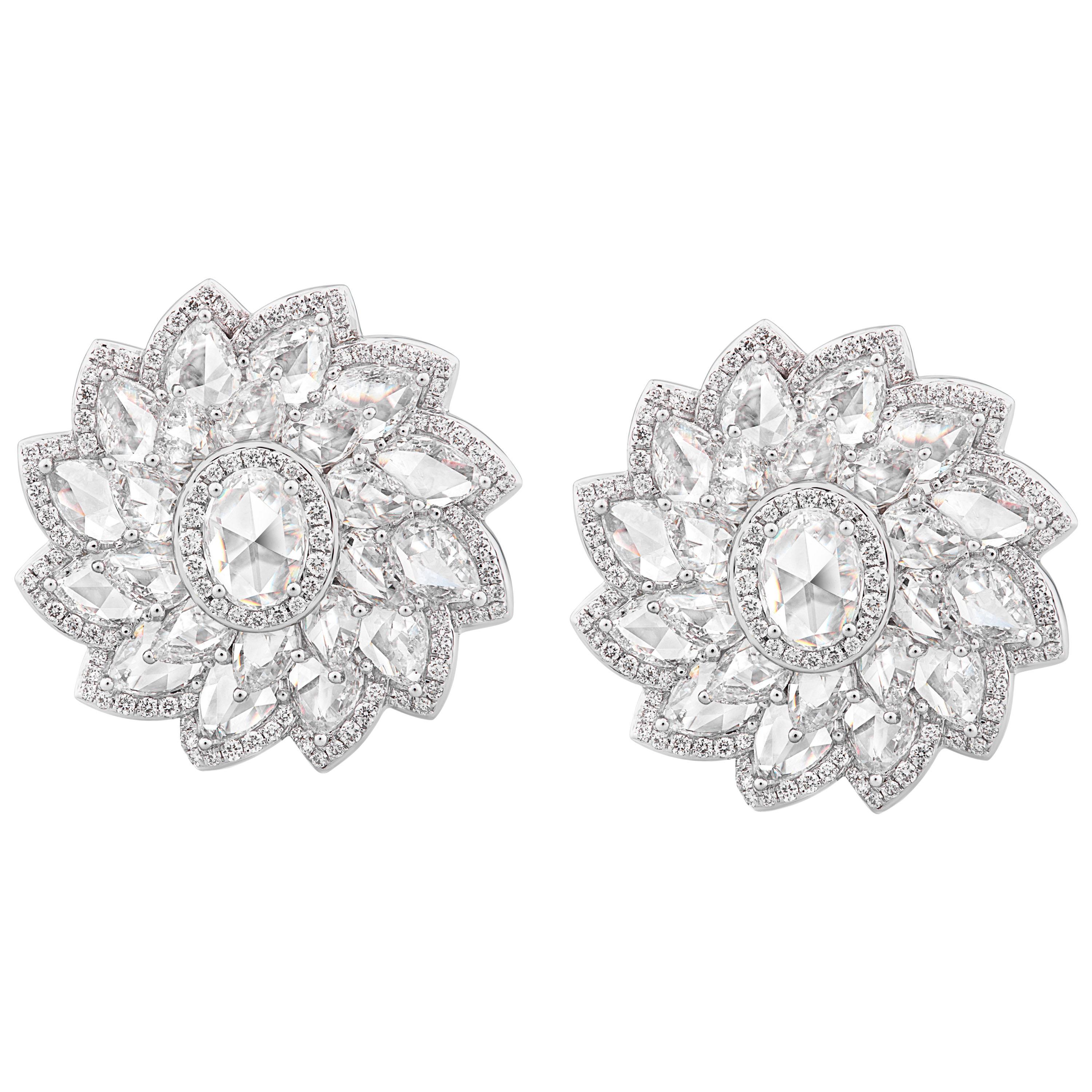 Rarever 18K White Gold Rose Cut Diamond Flower Cluster Stud 7.74cts Earrings