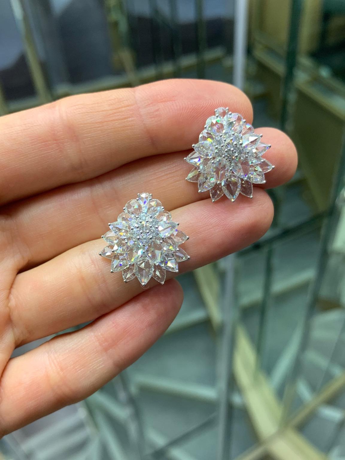 Rarever 18K White Gold Rose Cut Diamond Flower Cluster Stud 8.21cts Earrings For Sale 1