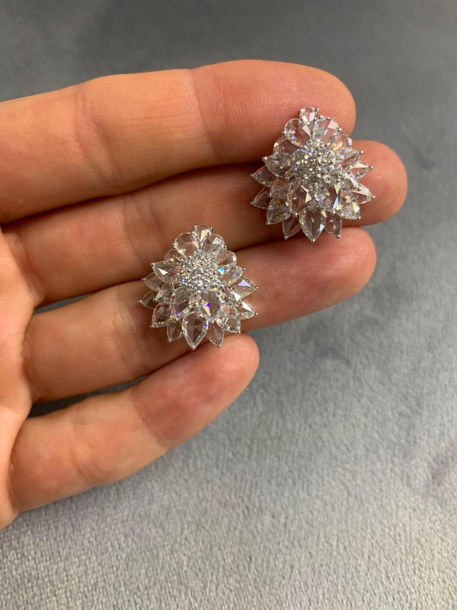 Pear Cut Rarever 18K White Gold Rose Cut Diamond Flower Cluster Stud 8.21cts Earrings For Sale