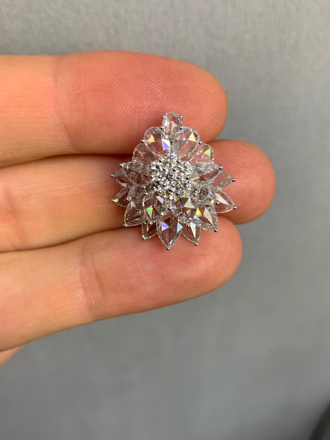 Rarever 18K White Gold Rose Cut Diamond Flower Cluster Stud 8.21cts Earrings In New Condition For Sale In London, GB