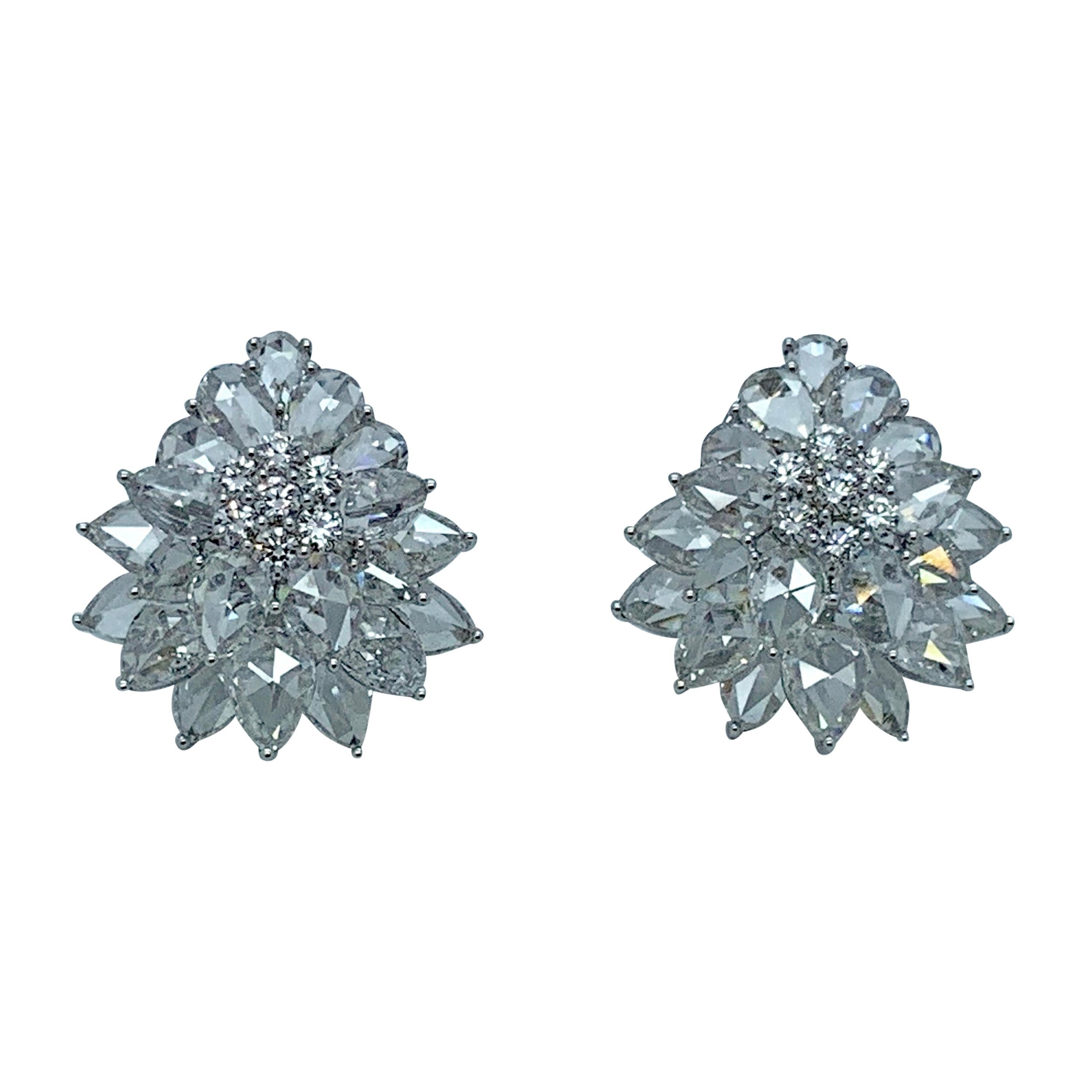 Rarever 18K White Gold Rose Cut Diamond Flower Cluster Stud 8.21cts Earrings For Sale