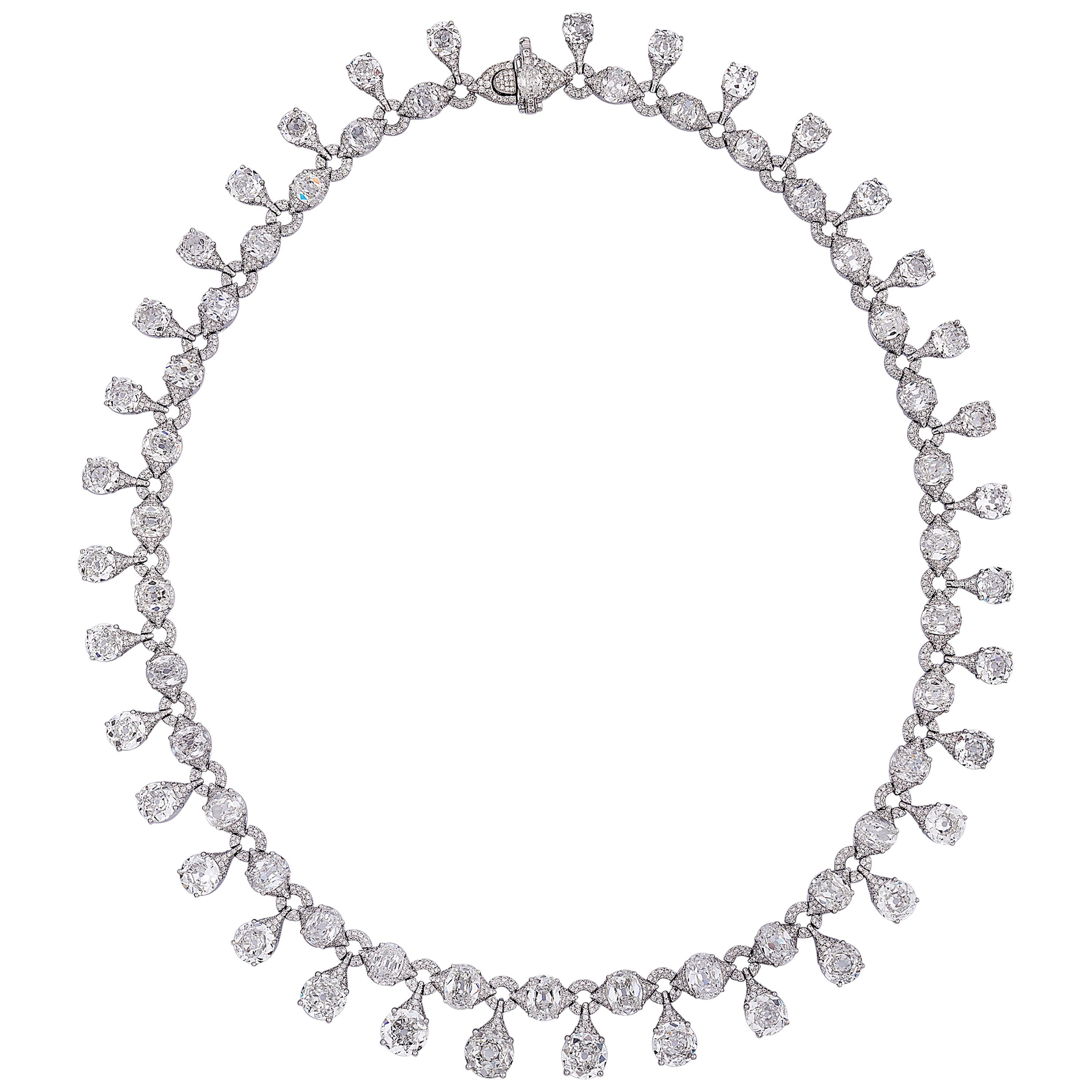 Rarever 41 Carat 18K White Gold Old Mine Cut Contemporary Class Diamond Necklace For Sale