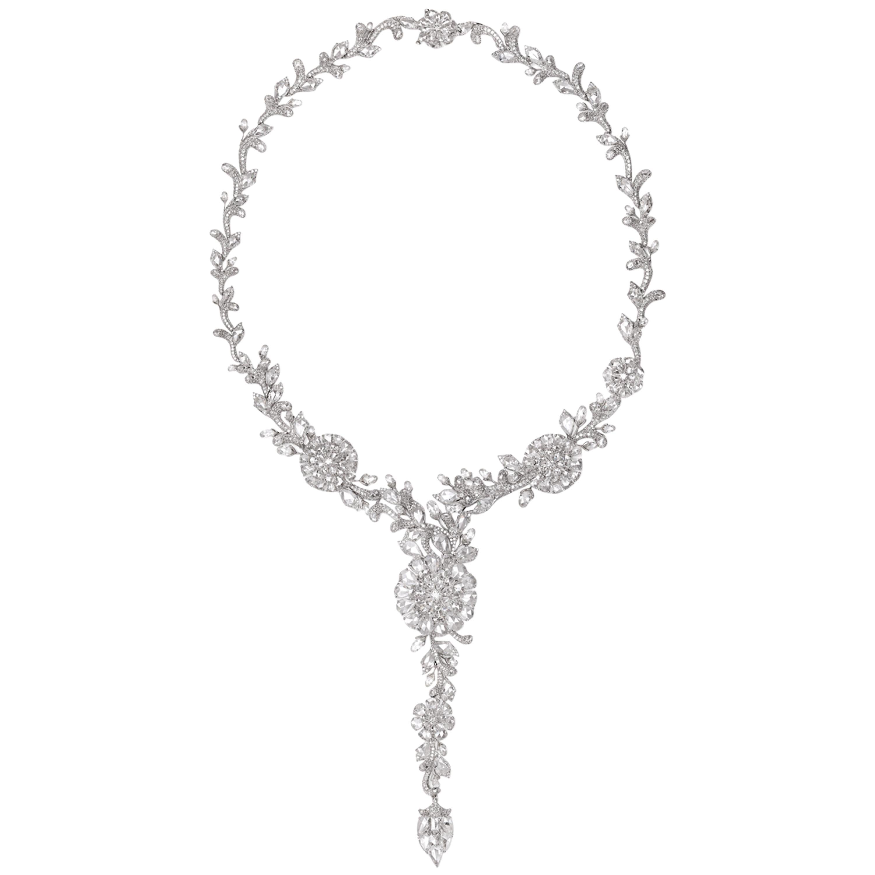 18 Karat White Gold 48.44 Carat Rose Cut Diamond Contemporary Statement Necklace