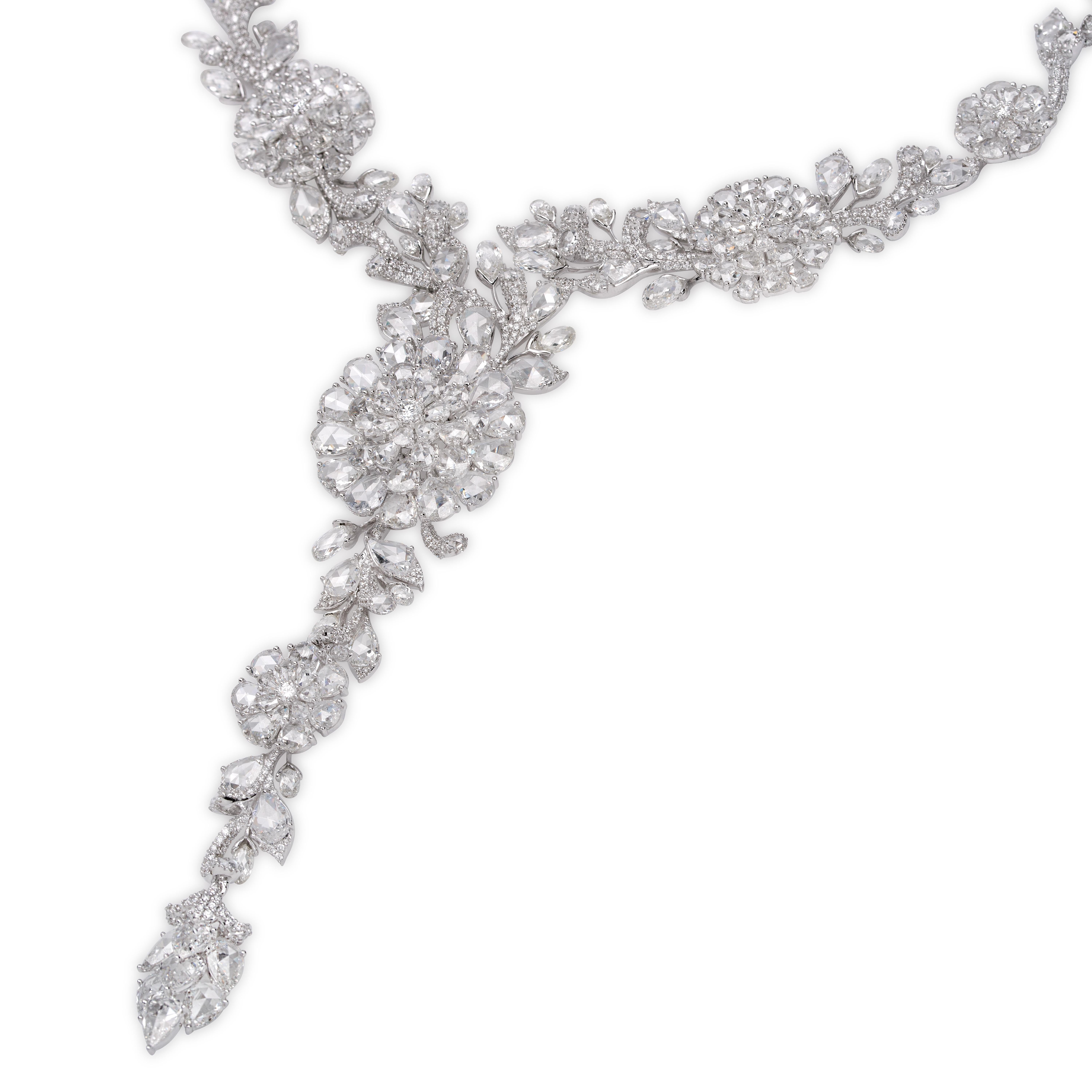This magnificent necklace from our Rarever High Jewelry Collection is studded with 275 top quality white Rose cut diamonds , 1271 brilliant round shaped diamonds. This 18-karat gold necklace is handmade with each diamond individually inspected and