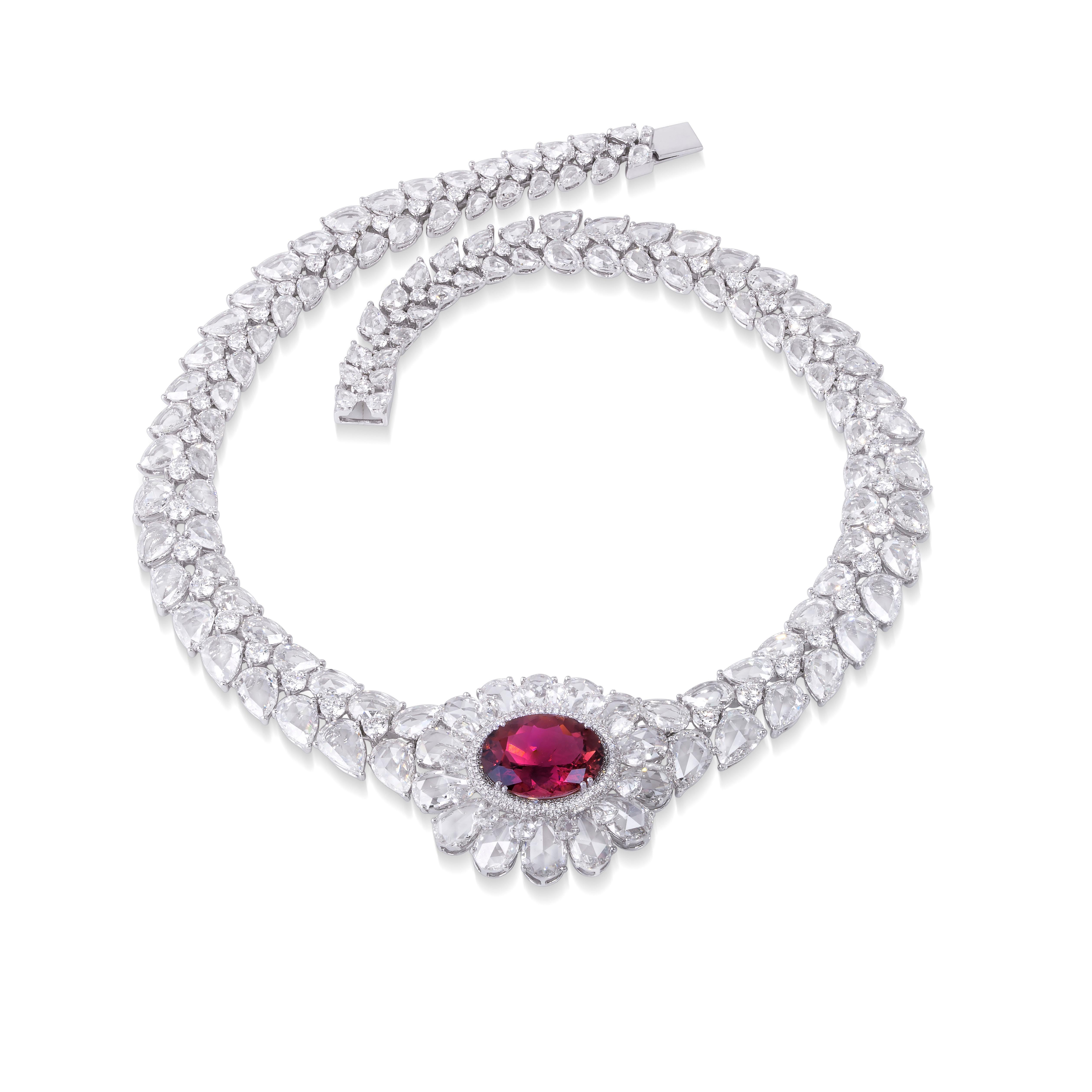 Contemporary Rarever 67.09 carat 18K White Gold 9.08ct Rubelite and Rose Cut Diamond Necklace For Sale