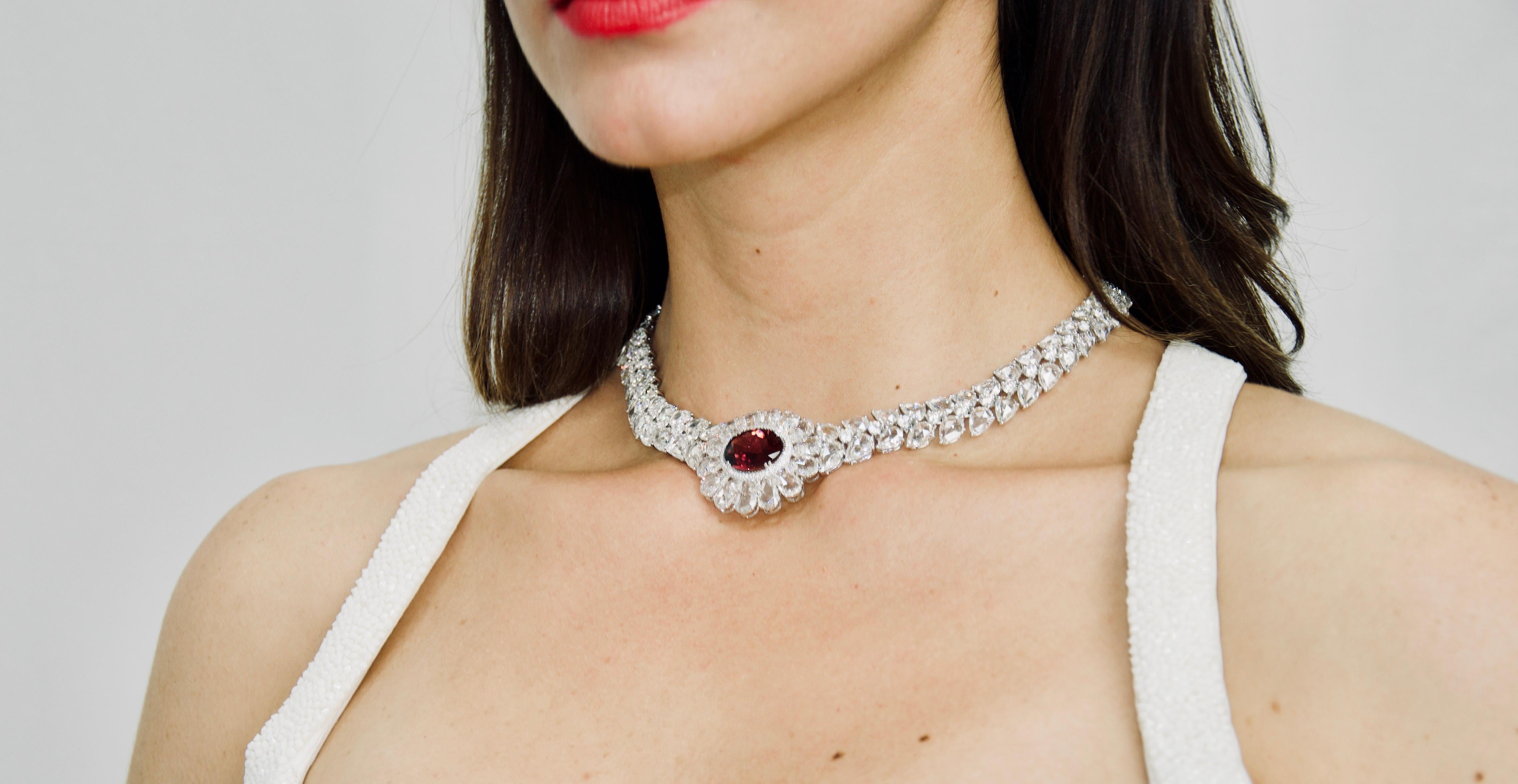Women's Rarever 67.09 carat 18K White Gold 9.08ct Rubelite and Rose Cut Diamond Necklace For Sale