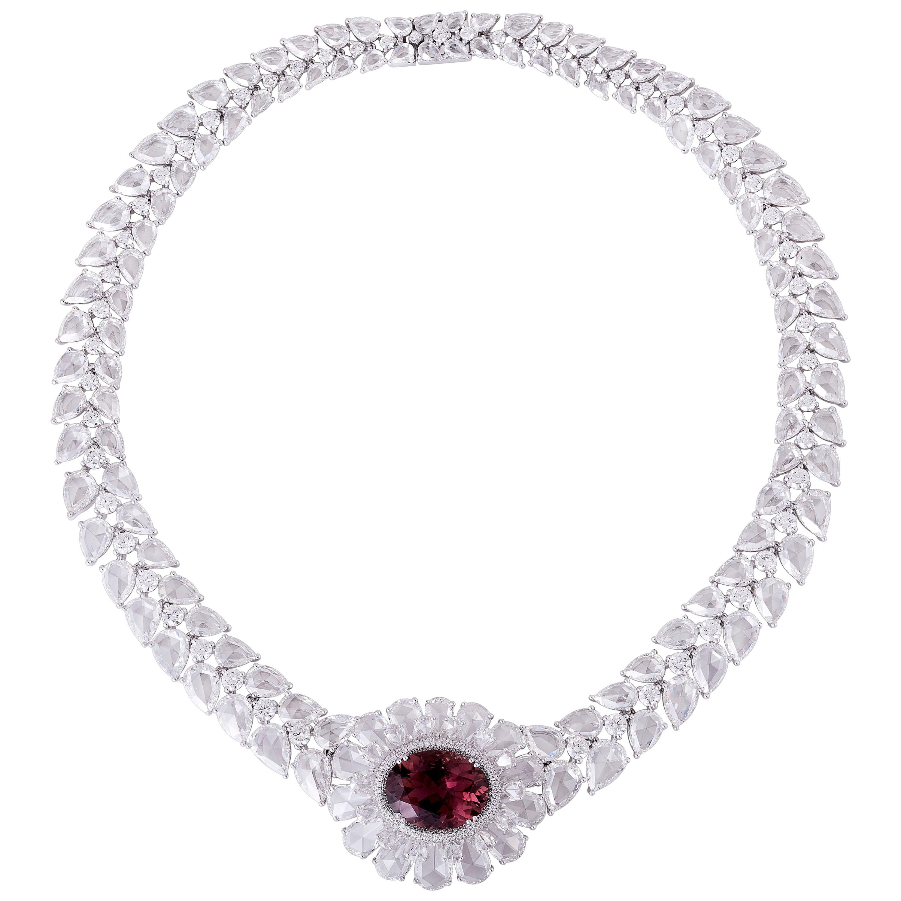 Rarever 67.09 carat 18K White Gold 9.08ct Rubelite and Rose Cut Diamond Necklace For Sale