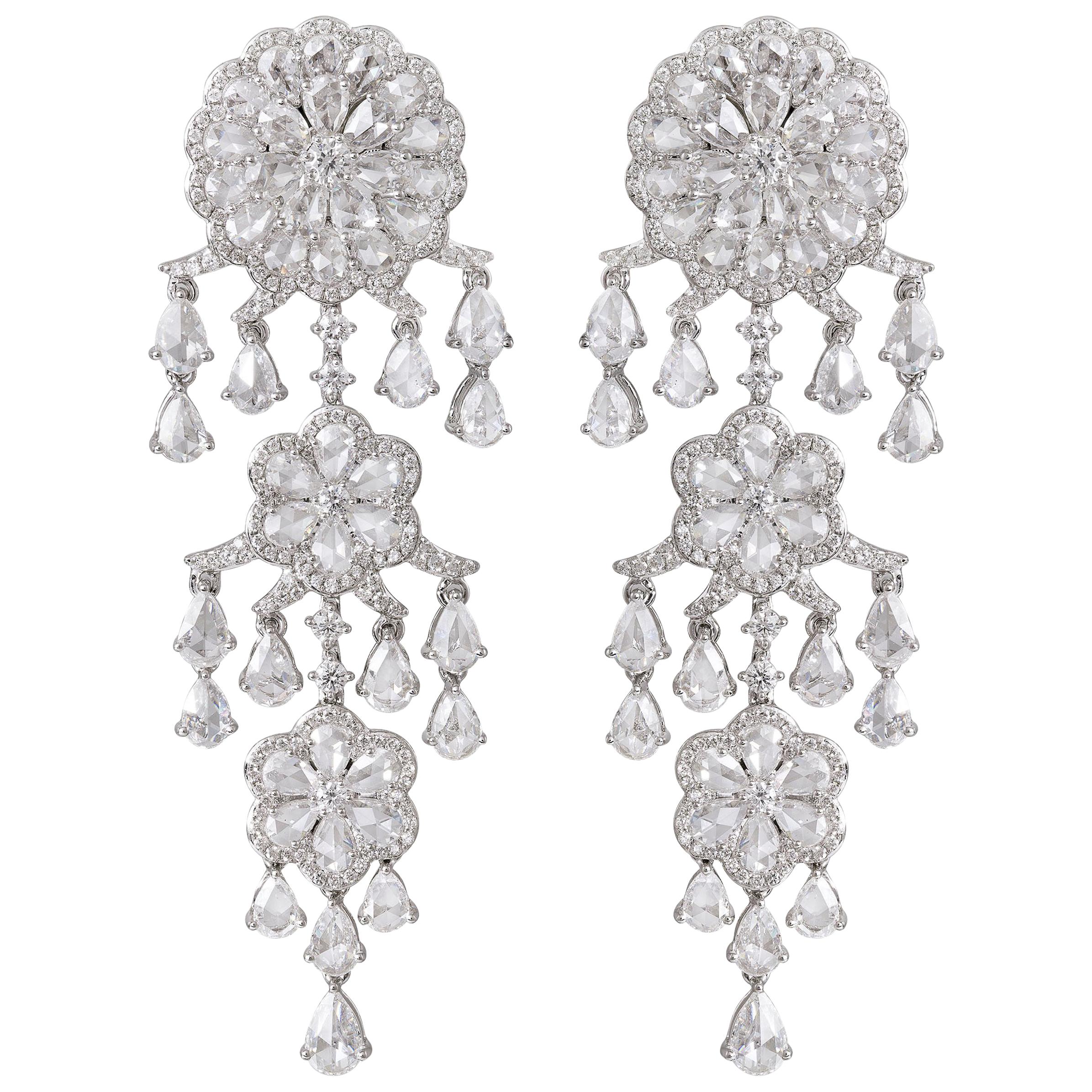 Rarever 18K White Gold 9.77ct Rose Cut Diamond Chandelier Earrings