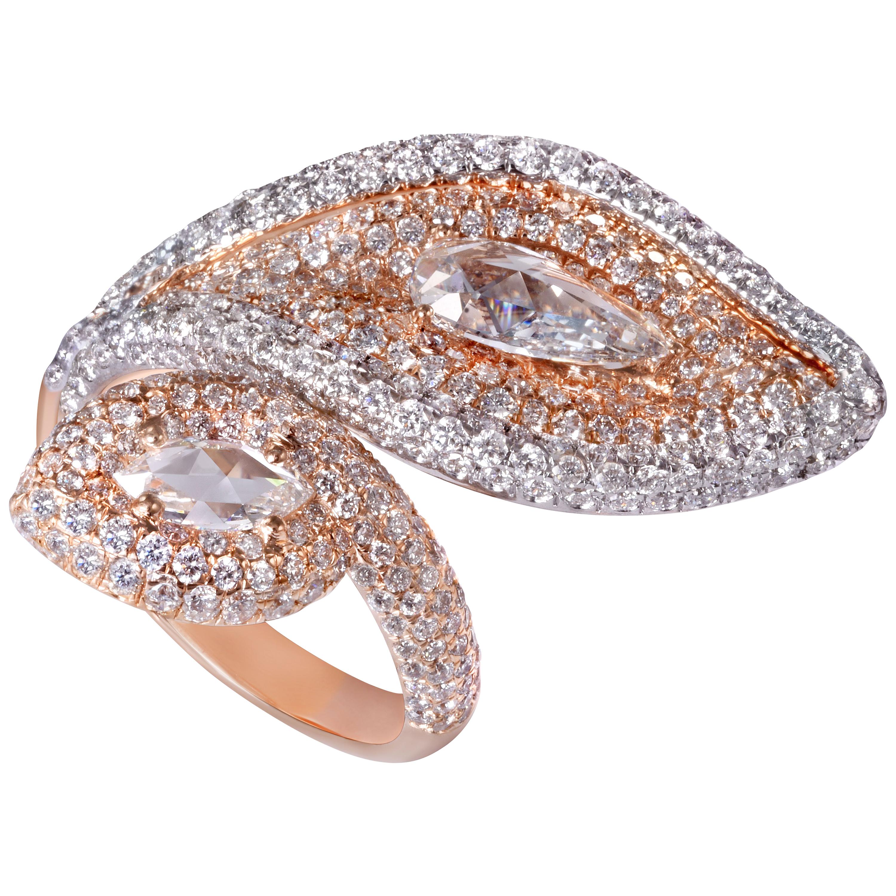 Rarever 18K Rose Gold 3.66cts Pave Set Pear Shape Diamond Cocktail Ring  For Sale