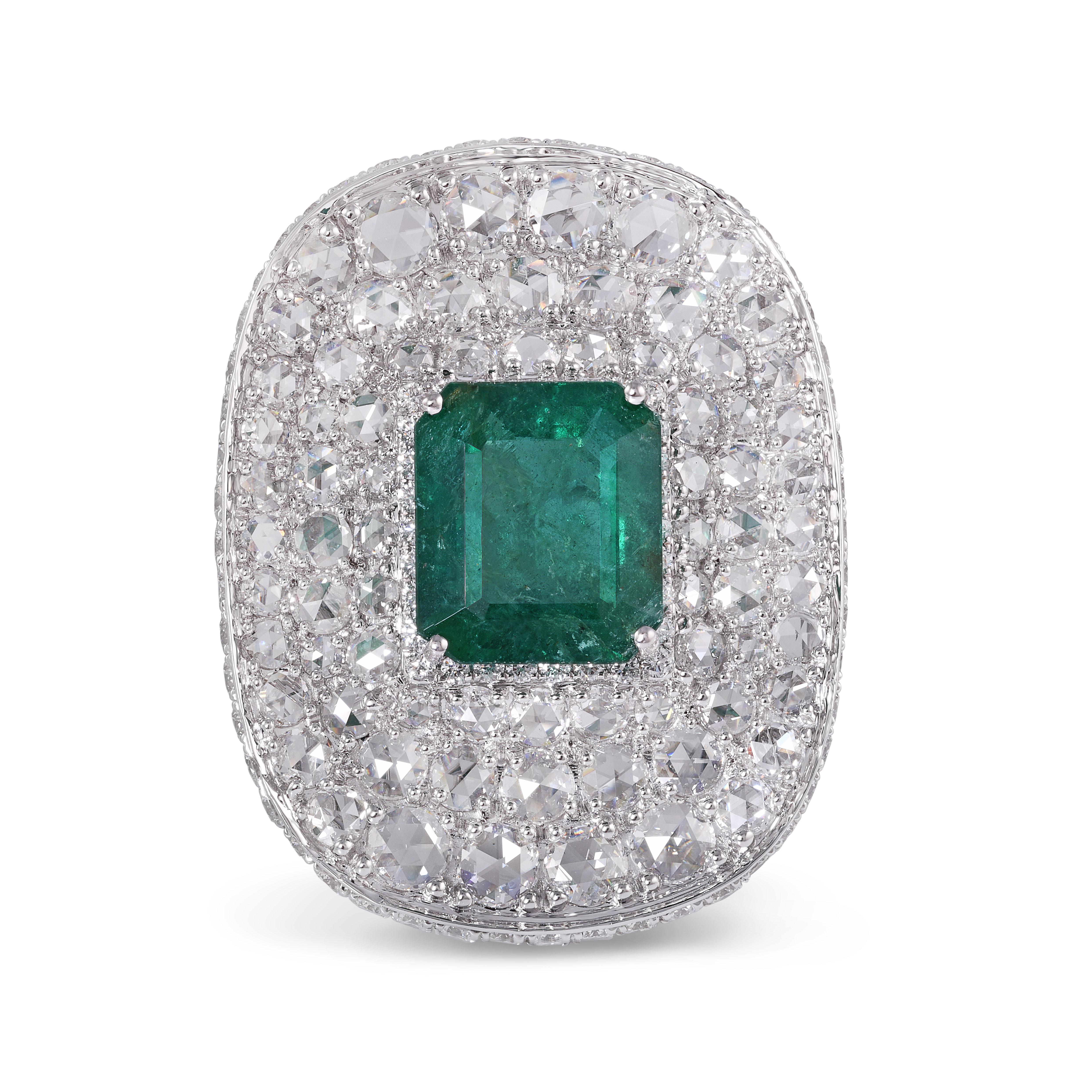 Contemporary Rarever 18K White Gold Rose Cut Diamond 6.13ct Emerald Dress Ring 