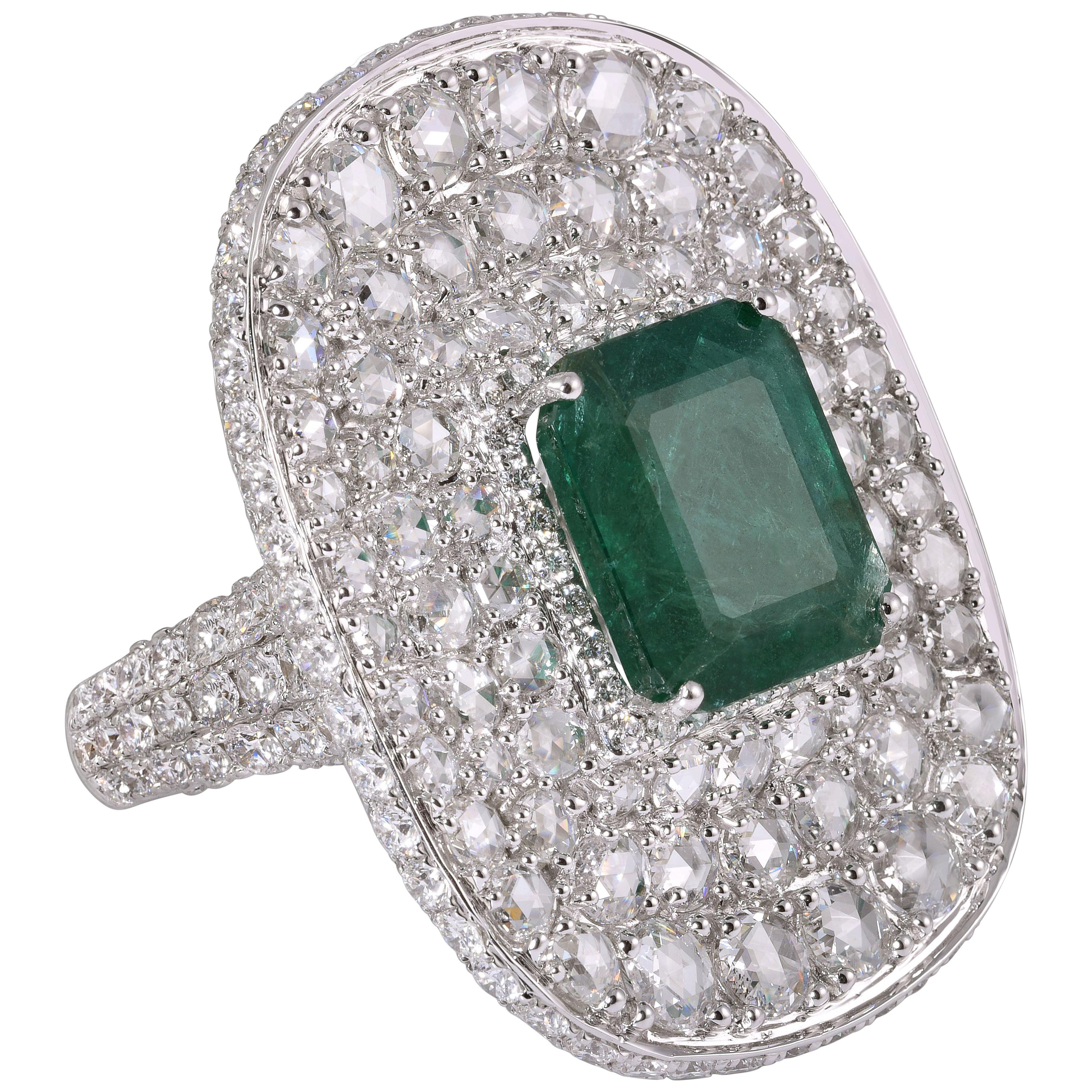 Rarever 18K White Gold Rose Cut Diamond 6.13ct Emerald Dress Ring 