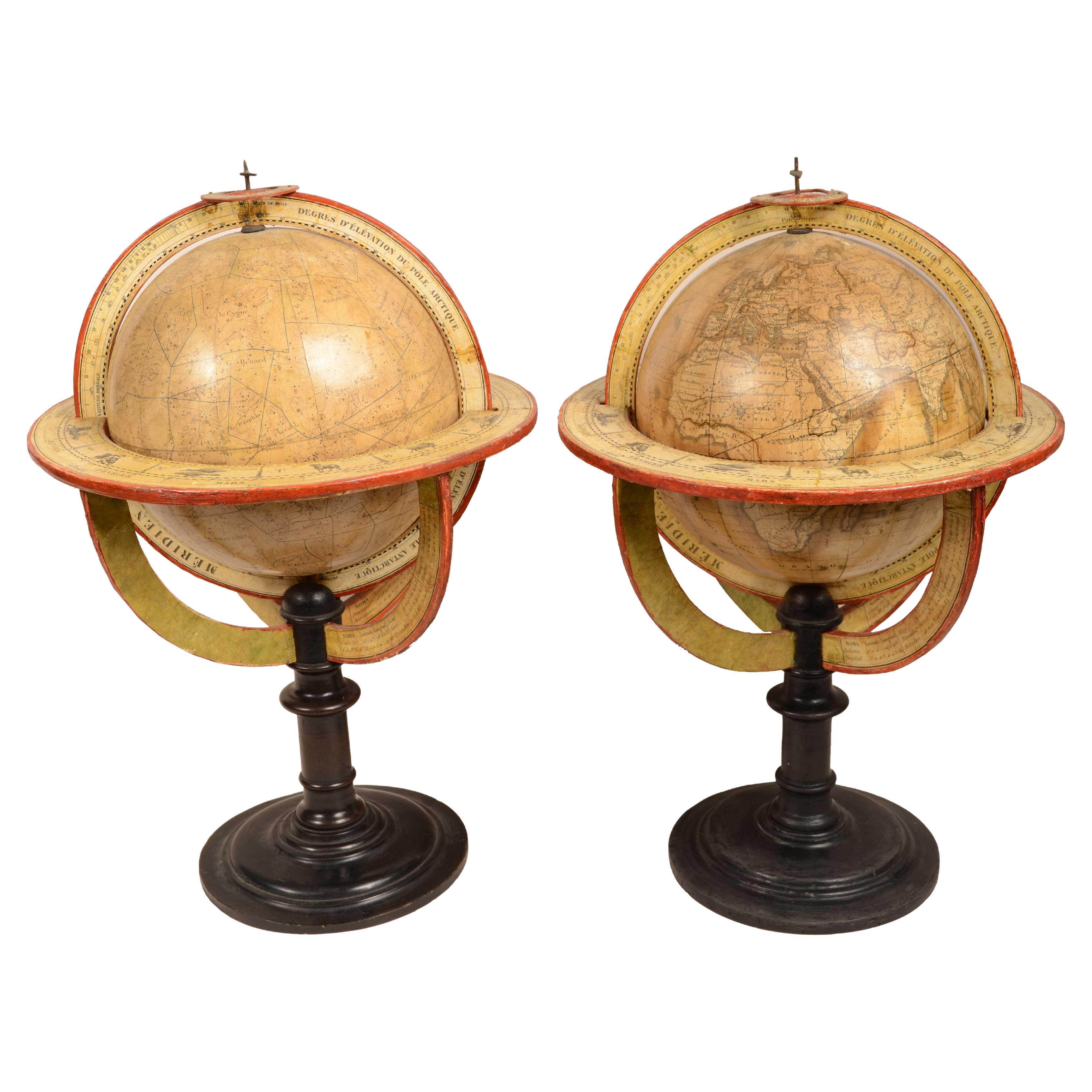 Very rare pair of terrestrial and celestial globes by Felix  Delamarche dated 1834