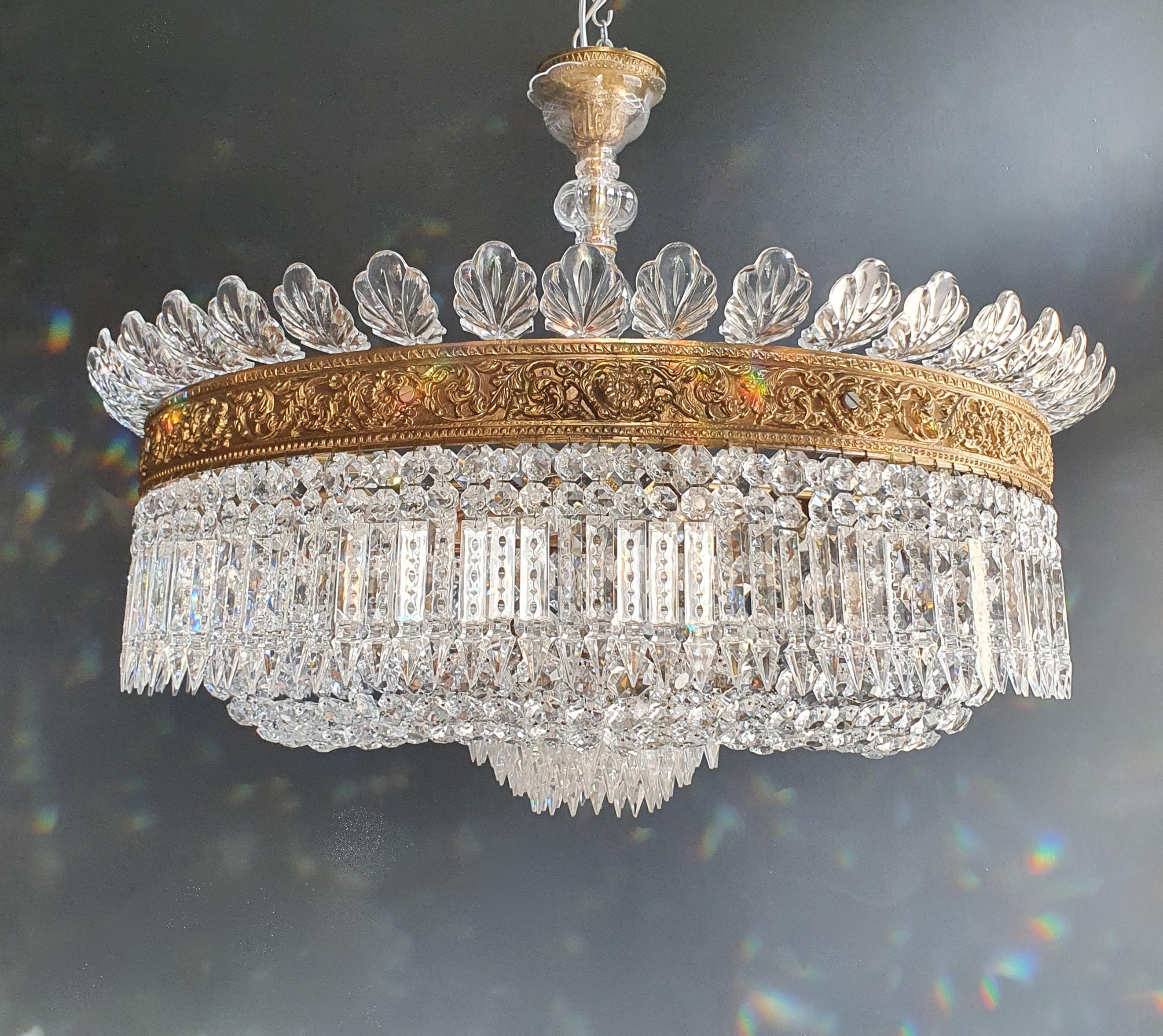 European Rarity Low Plafonnier Basket Chandelier Crystal Empire Brass Lustre Antique For Sale