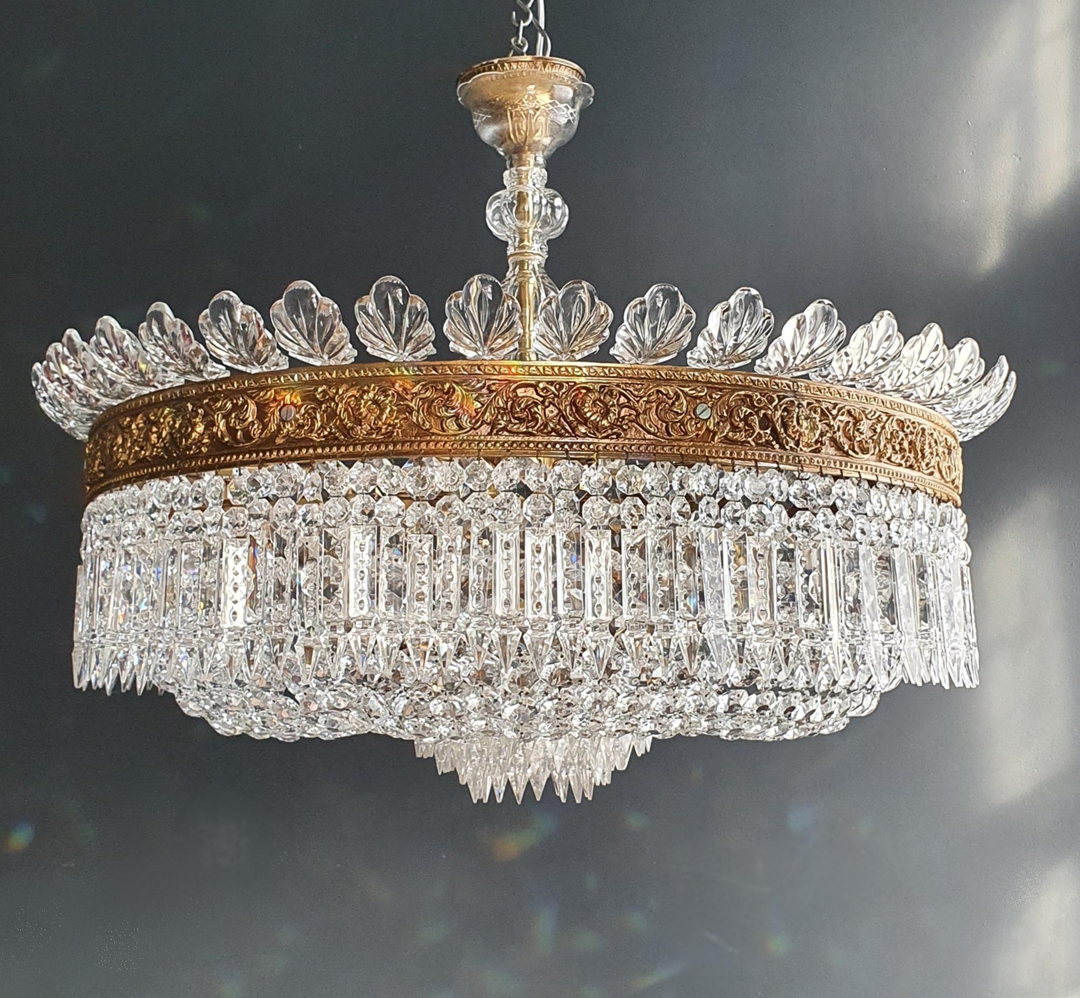 Mid-20th Century Rarity Low Plafonnier Basket Chandelier Crystal Empire Brass Lustre Antique For Sale