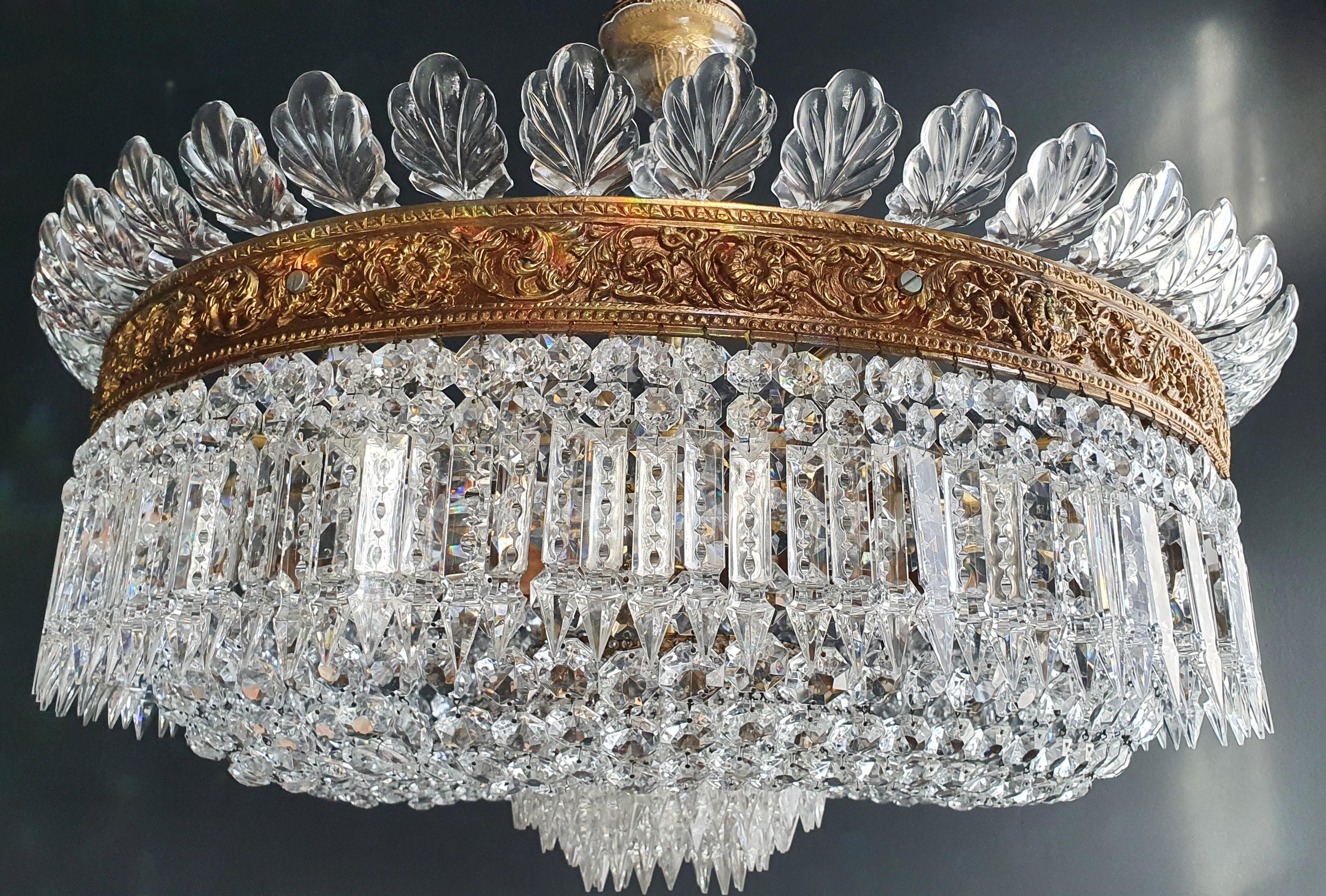 Rarity Pair Low Plafonnier Basket Chandelier Crystal Empire Brass Lustre Antique In Good Condition For Sale In Berlin, DE