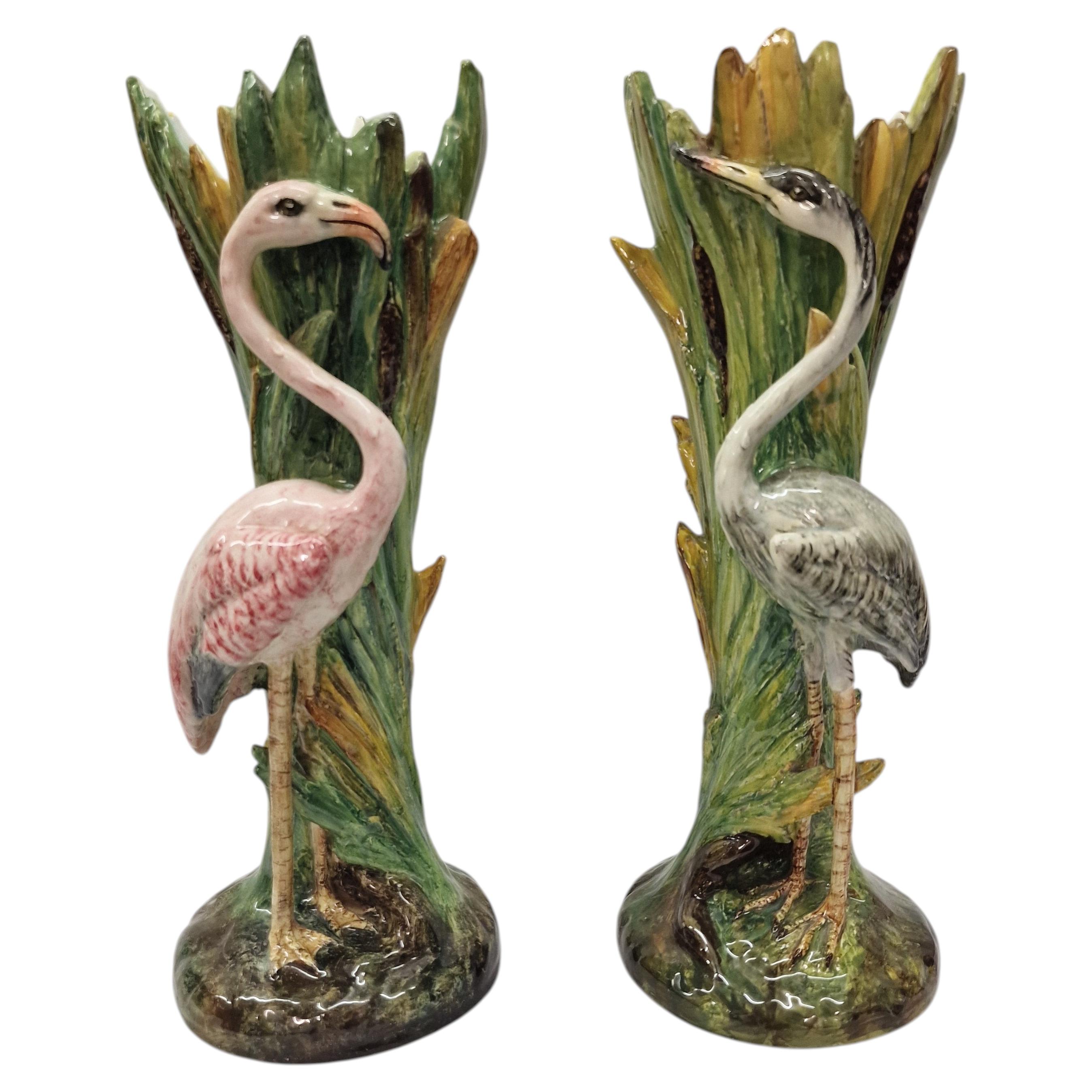 Che rarità! Coppia di vasi, fenicottero e airone, ceramica Massier Valoris, 1915, Francia