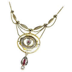 Antique Raro collier jugendstil in oro, con diamanti e rubini