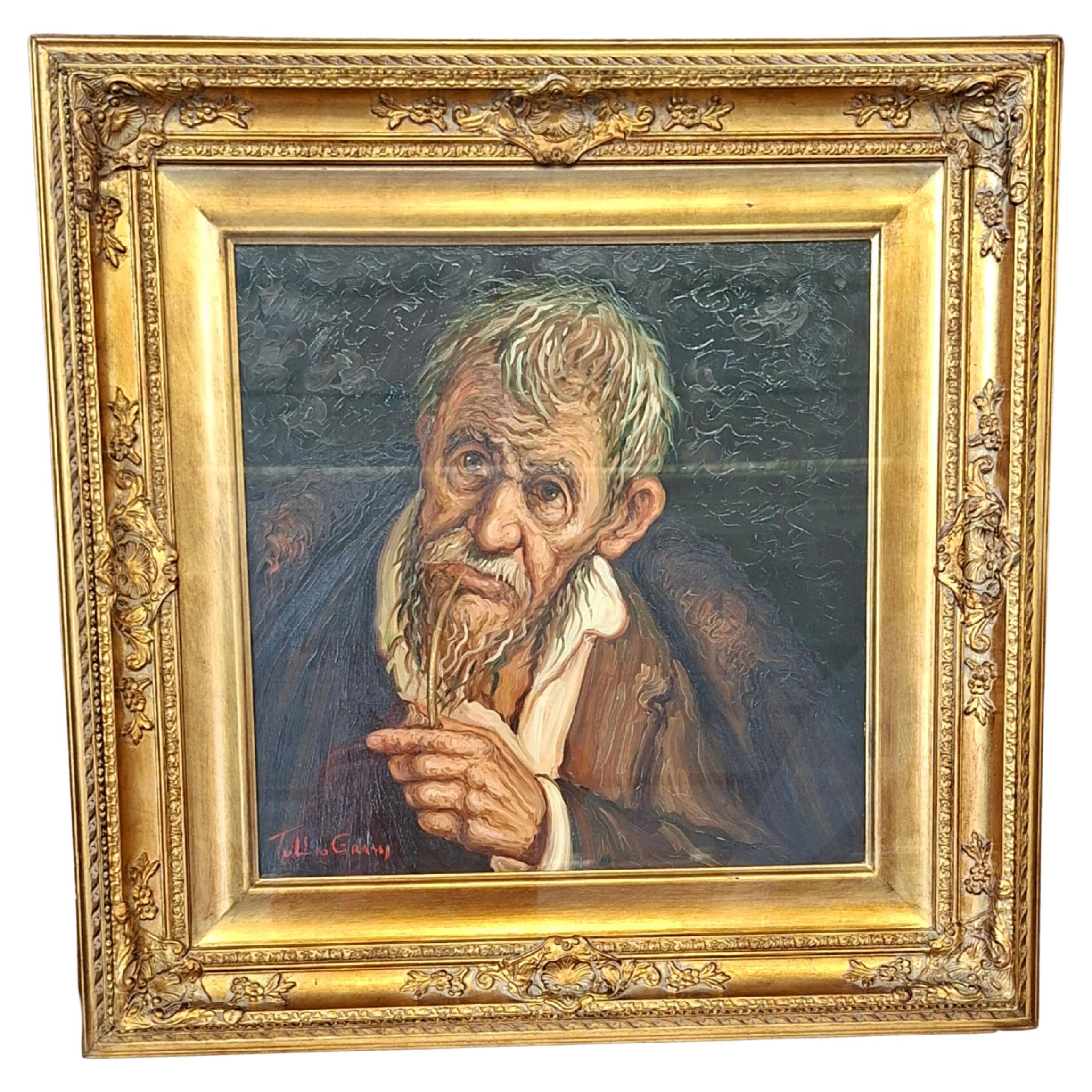 Rare Oil Painting on Canvas by Tullio Grassi "Old Man with Pipe"