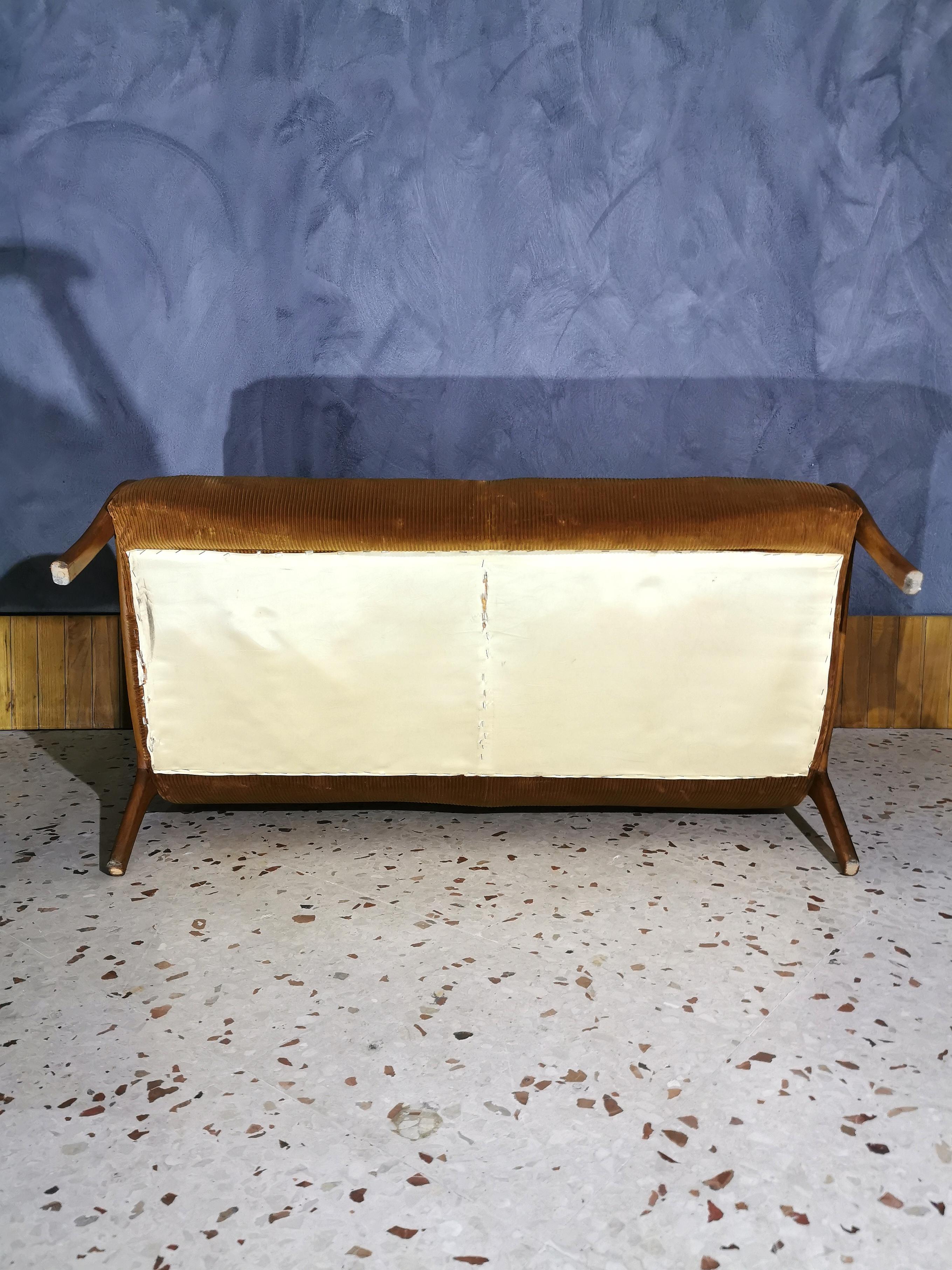 Mid Century Sofa by Ezio Longhi for Elam Velvet Wood Italian Design 1958s 2